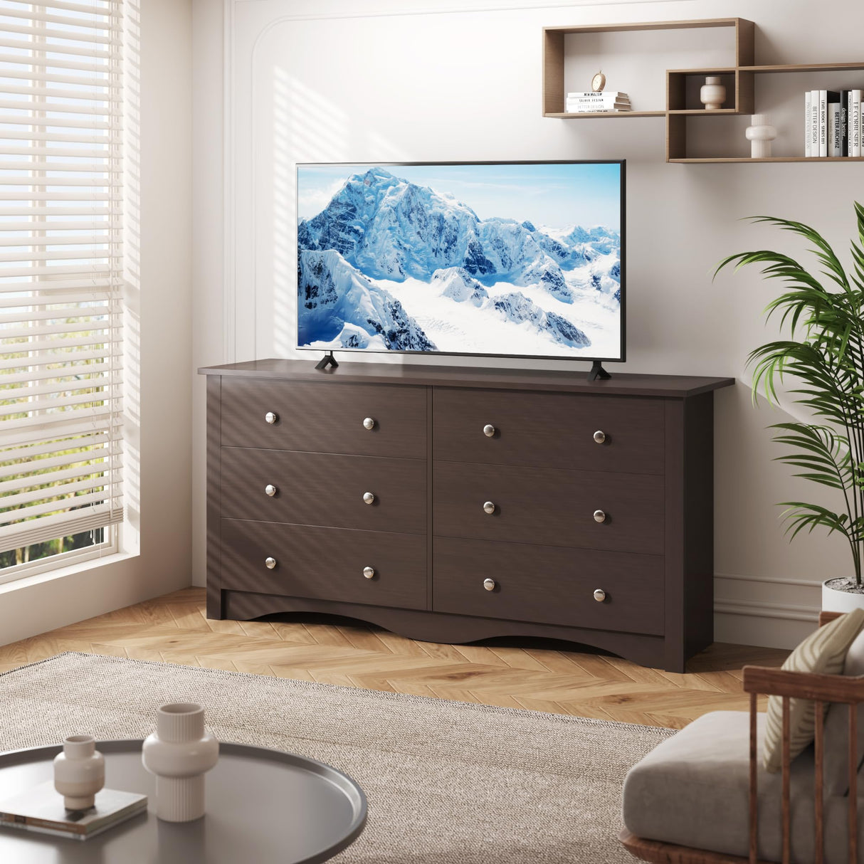 Furmax 6 Wood Drawers Dresser for Bedroom, Double Dresser for TV up to 65 inch, TV Stand Storage Chest of Drawers for Living Room Hallway Entryway (Brown) Furmax