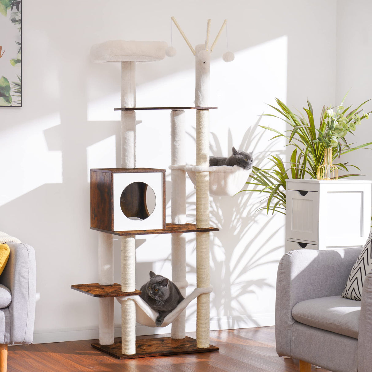 Hey-brother Wooden Cat Tree, 66.1“ Cat Furniture with Scratching Posts, Modern Cat Tower with hammocks, Toys, cat condo, Rustic Brown MPJ120SR Hey-brother