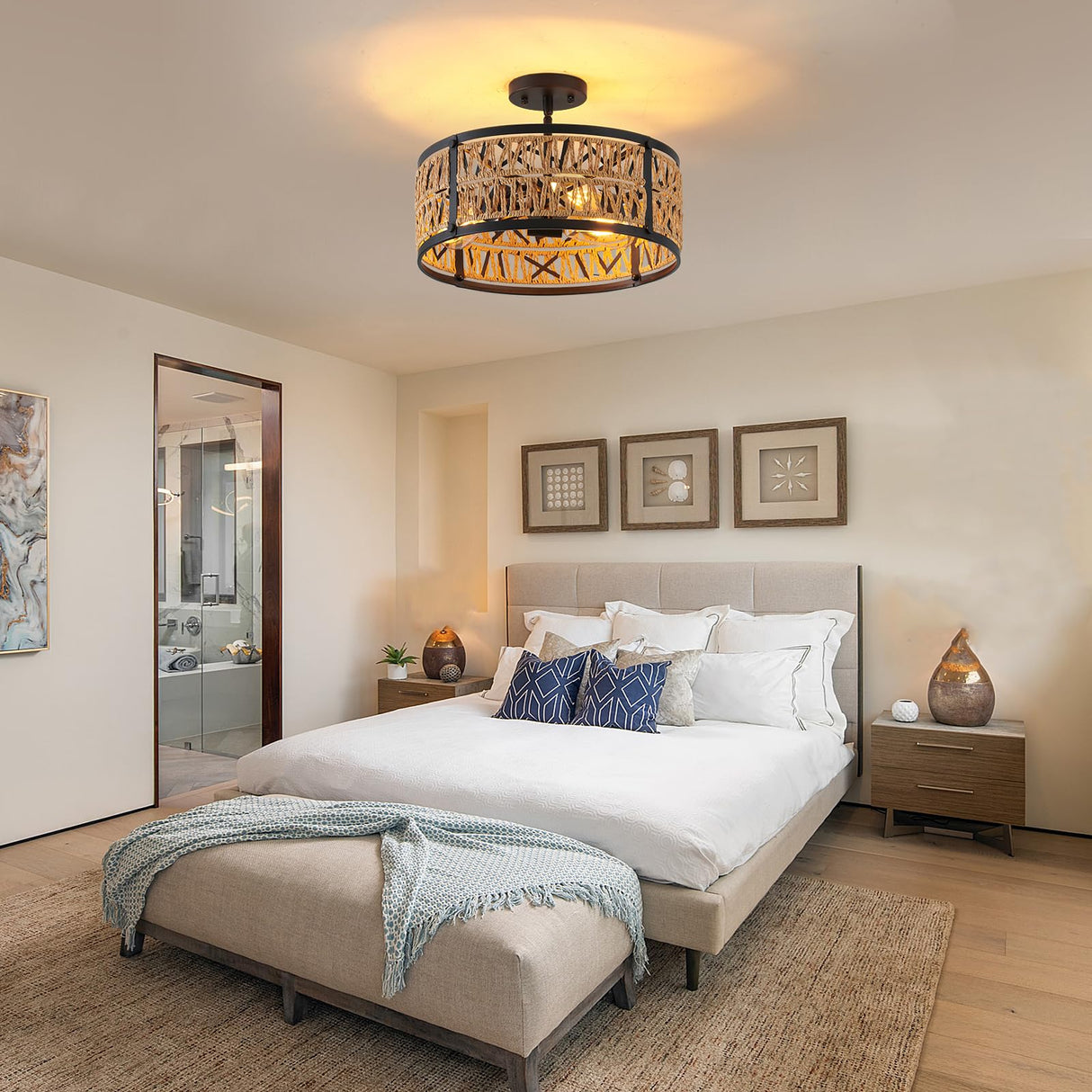 Bsyormak 3-Lights Rattan Boho Chandelier for Dining Room Drum Wicker Pendant Light Fixtures Hanging Woven Coastal Ceiling Light for Farmhouse Kitchen Island Living Room Bedroom Bsyormak