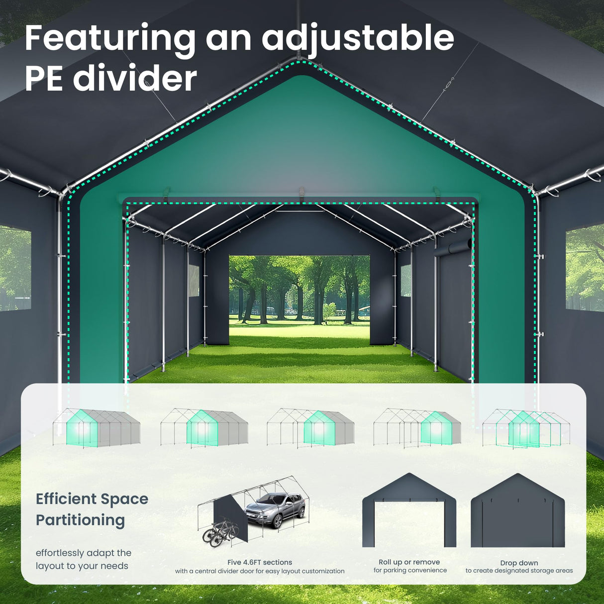 PHI VILLA 13'x24'x9.6' Outdoor Portable Storage Shelter Shed Garage with Roll up Zipper Doors & Vents Carport for Motorcycle Waterproof and UV Resistant Anti-Snow Portable Garage Kit Tent, Gray PHI VILLA