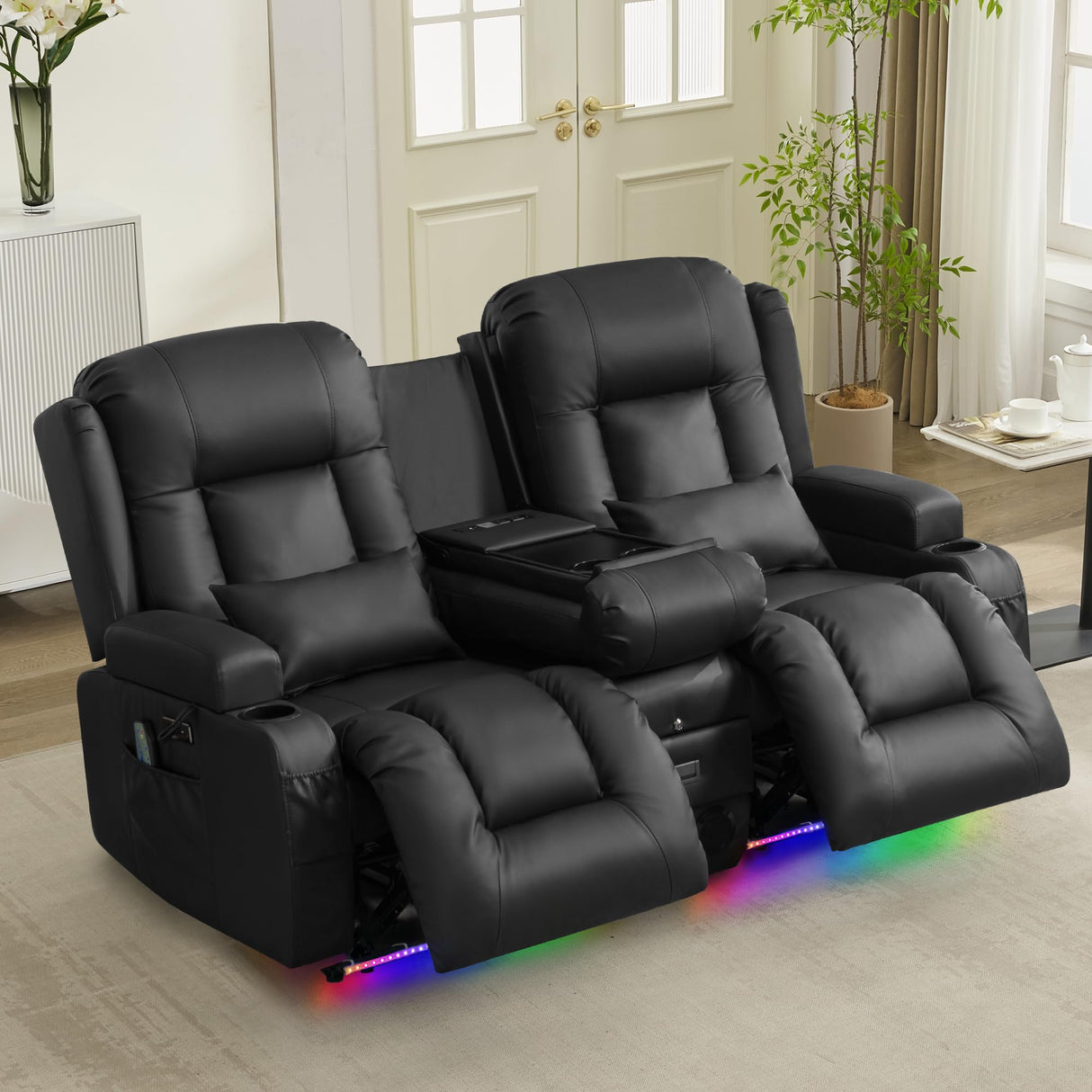 URRED Power Reclining Loveseat Sofa with Console, RV Couch Loveseat Recliner Sofa with Massage & Heat, LED Light, Cupholders, Bluetooth Speakers, USB Charge Ports, Outlets, Faux Leather, Black URRED