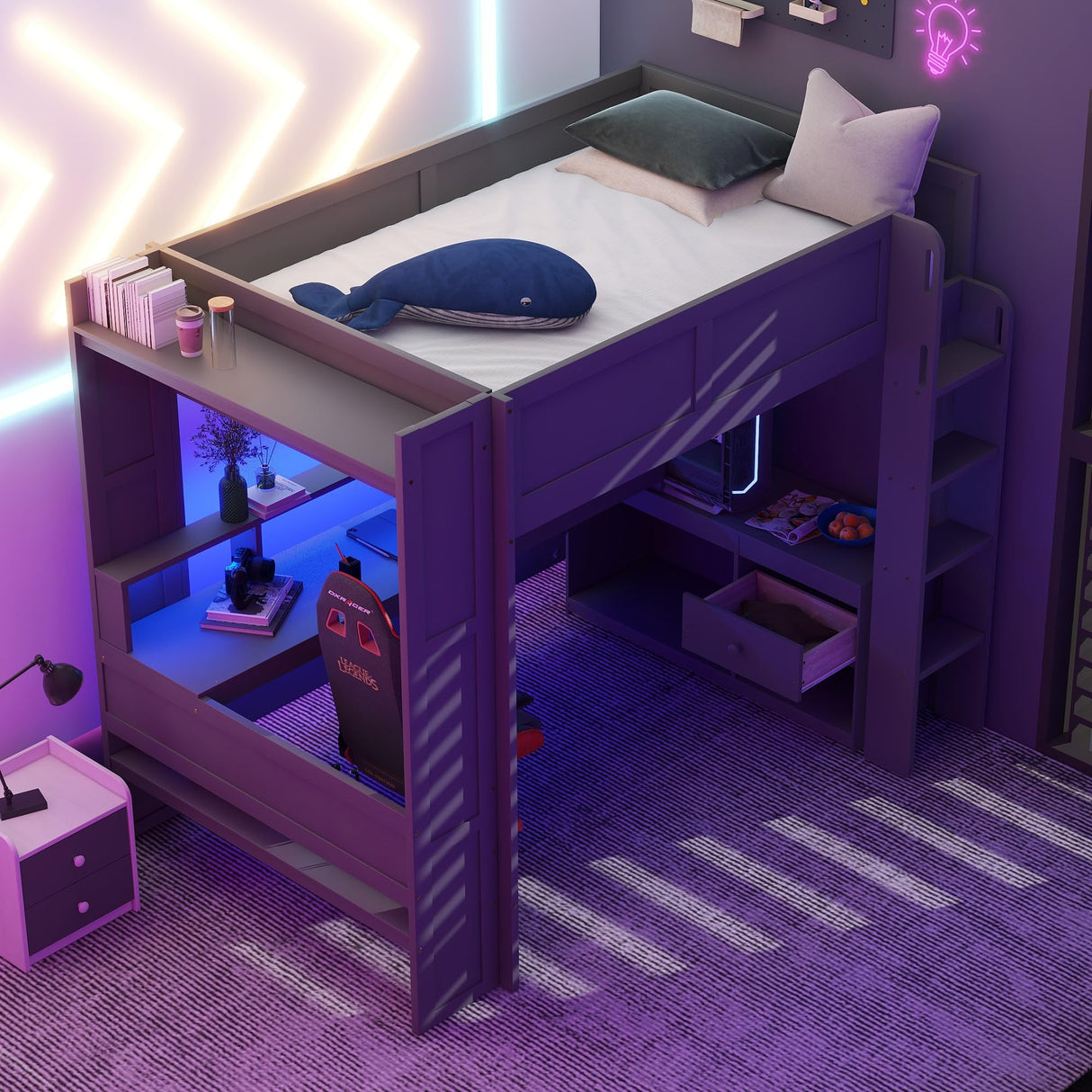 MaiDeHaoo Gaming Loft Bed with Desk and Charging Station Full Loft Bed with LED Lights Loft Bed with Storage - Dark Gray MaiDeHaoo
