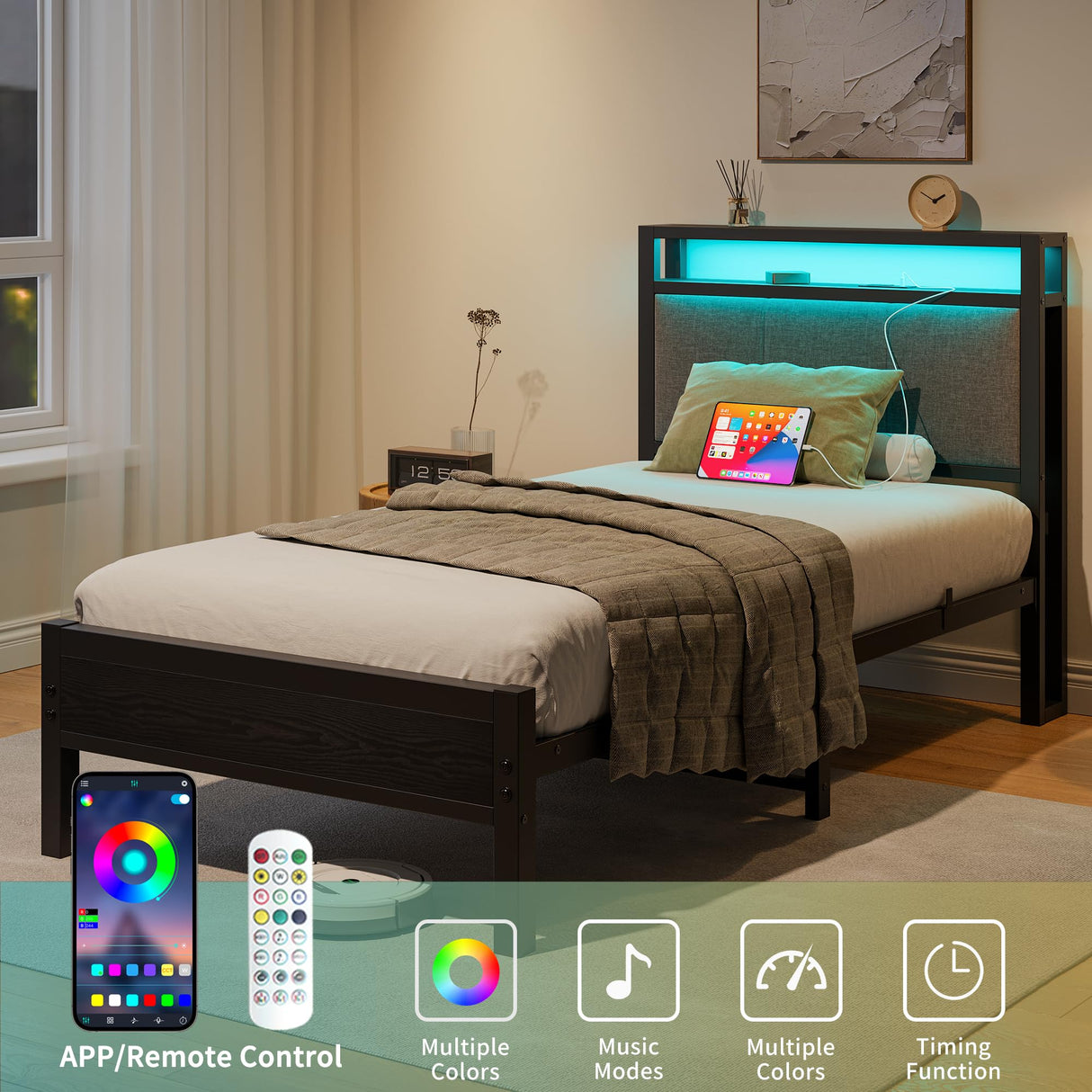 FOUBAM Twin Size Bed Frame with LED Lights and Charging Station, Bed with Storage Headboard,Heavy Duty Metal Slats Support,Mattress Foundation Easy Assembly(Black) FOUBAM