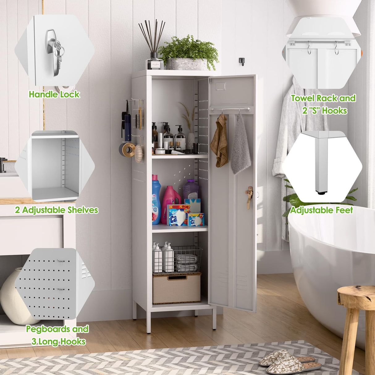 SUPEER Metal Lockers for Employees with Handle,Metal Storage Locker with 2 Pegboard & 5 Hooks for Gym, School, Office,Home,Garage,White SUPEER