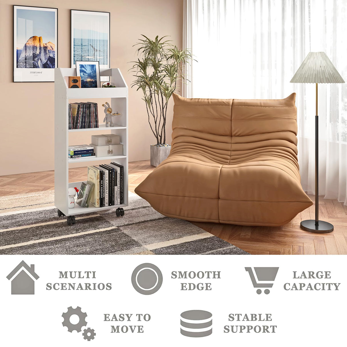 HAYOFAMY 4-Tier Mobile Bookshelf, White Bookcase with Wheels, Rolling File Holder Desk File Book Organizer for Home Office Living Room School HAYOFAMY