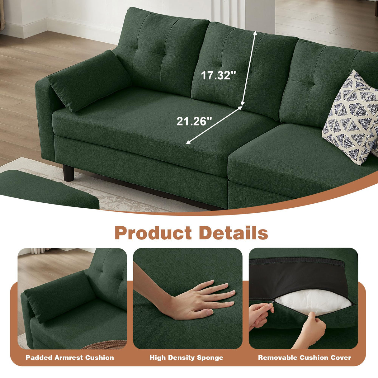 Enobala 101" Convertible Sectional Sofa, 4 Seat U Shaped Couch with Storage Ottoman and Side Pocket, Comfy Sectional Couch for Living Room, Apartment, Modern Linen Fabric Sofa Set,Green Enobala