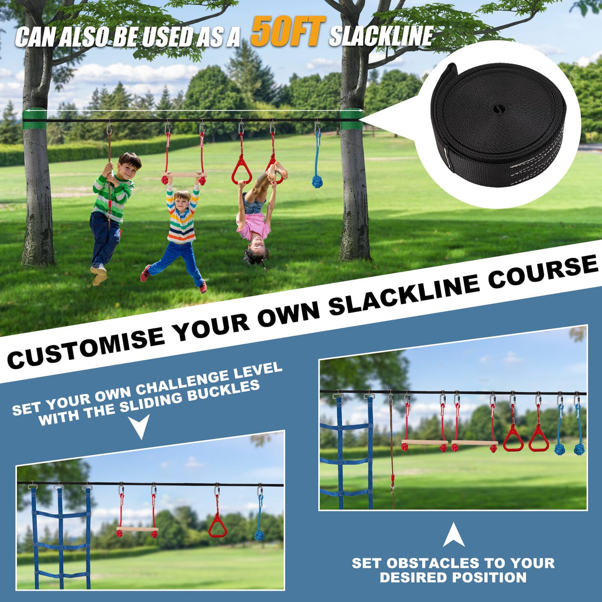 Slsy Ninja Warrior Obstacle Course for Kids, 50FT Durable Ninja Slackline Kit with 8 Complete Accessories, Playset Equipment with Swing, Climbing Net, Ladder & Monkey Bars (8 Obstacles) Slsy