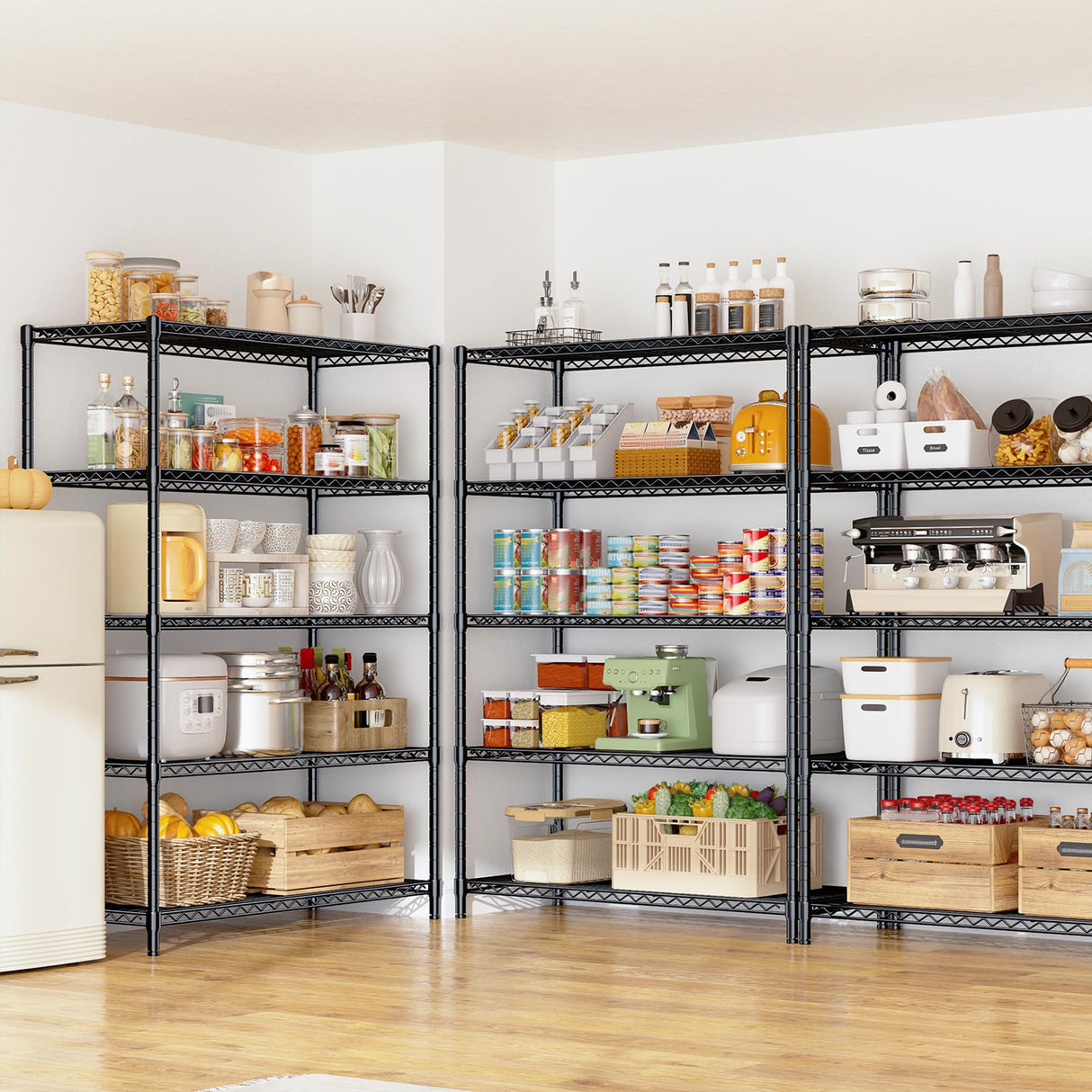 5 Tier Storage Shelves 71"H Wire Shelving Adjustable Metal Shelving,1000LBS Pantry Shelves Sturdy Steel Wire Shelf for Kitchen School Pantry Garage Warehouse ,71"H X35.5"W X13.8"D, Black,2P Romorgniz