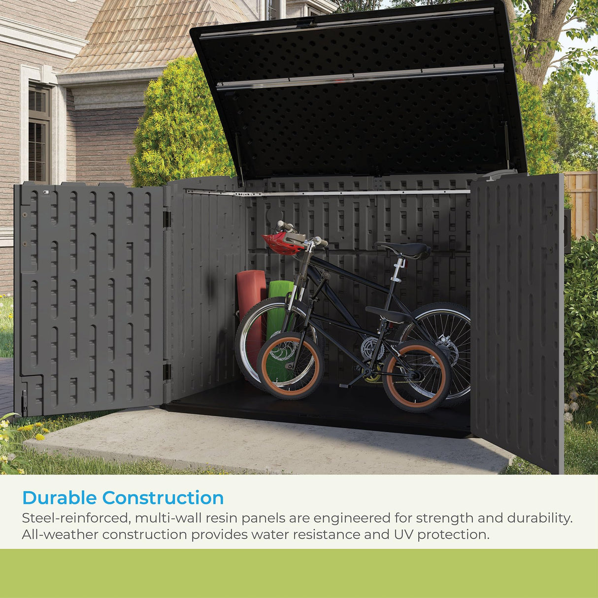 Suncast 70 Cu Ft Stow-Away Horizontal Outdoor Shed - Small Outdoor Storage Shed, Lockable & Weatherproof Resin Plastic, Fits Two 96-Gallon Trash Cans, Bikes, Lawn Mowers, or Garden Tools, Peppercorn Suncast