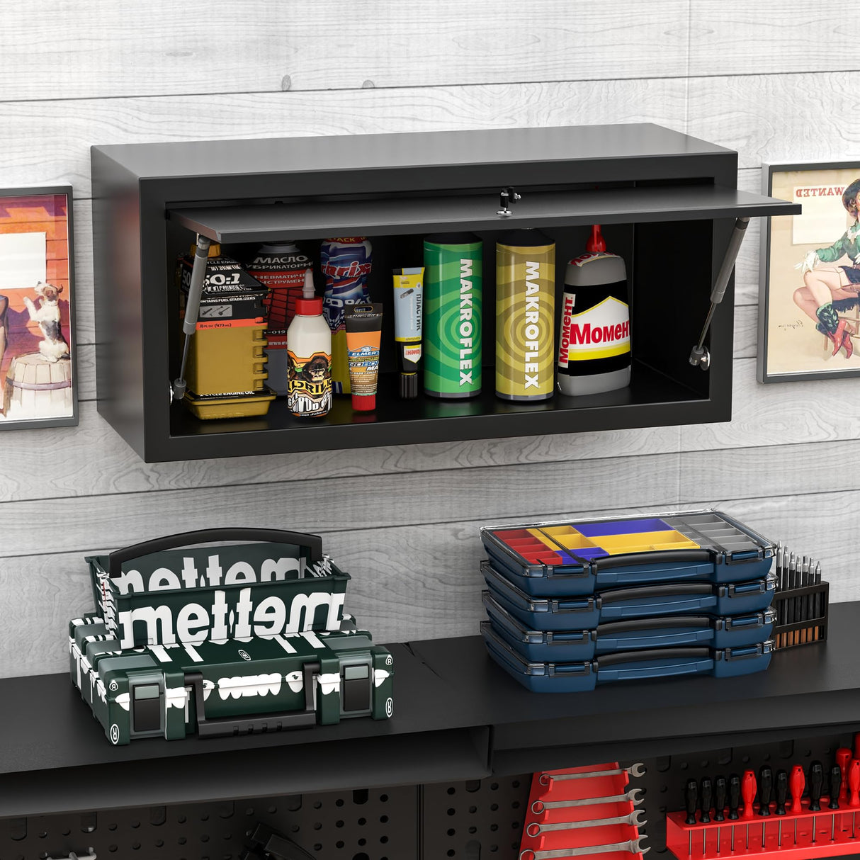 DARTIIA Metal Wall Cabinet with Up-flip Door,Garage Storage Cabinet,Wall-Mounted Storage Cabinet for Kitchen,Garage,Warehouse,Office,Black,Assembly Required DARTIIA