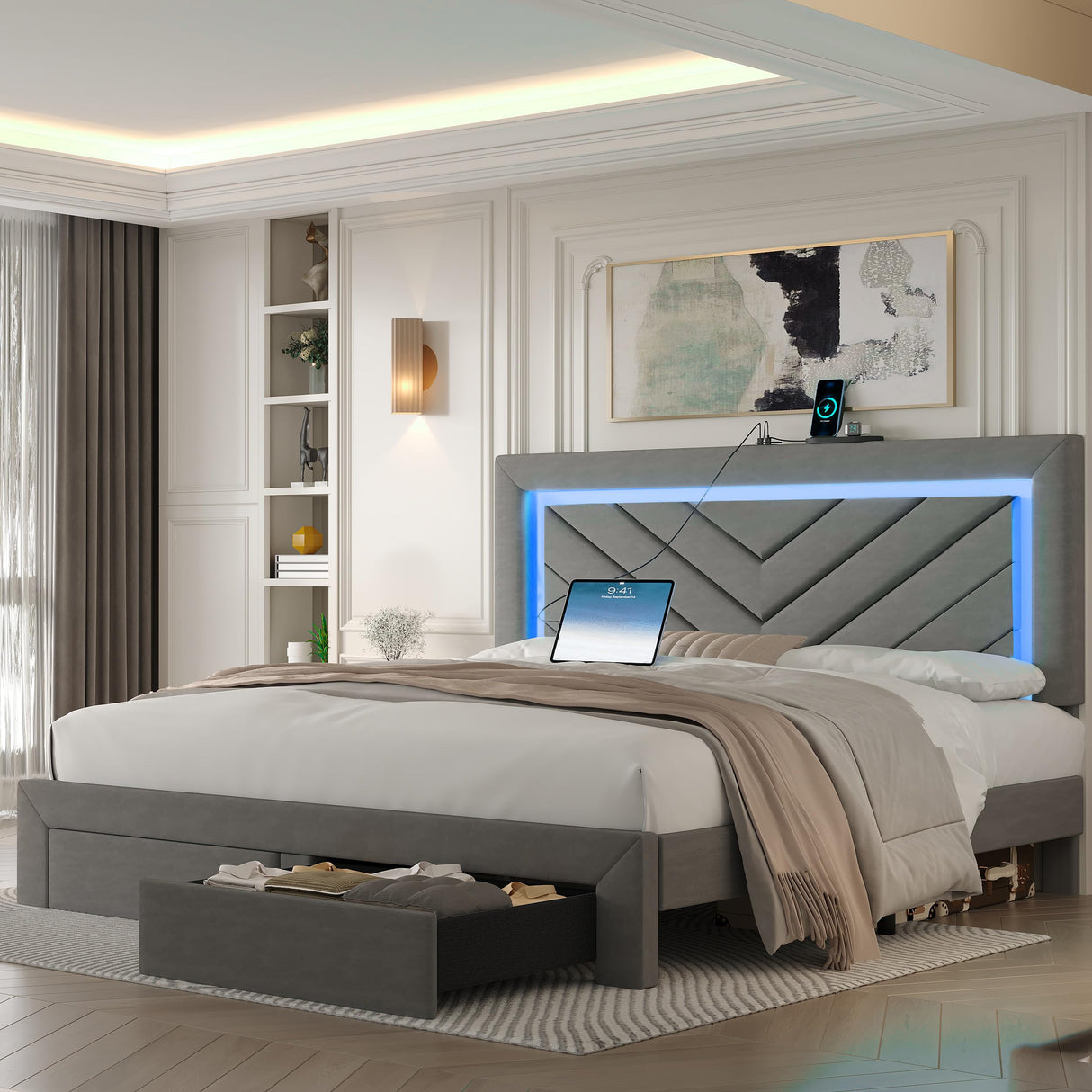 Fastroby Full Size Bed Frame with Adjustable Headboard and 2 Storage Drawers, Upholstered Bed Frame Full with RGB LED Light and Charging Station, Easy Assembly, No Box Spring Needed, Grey Fastroby