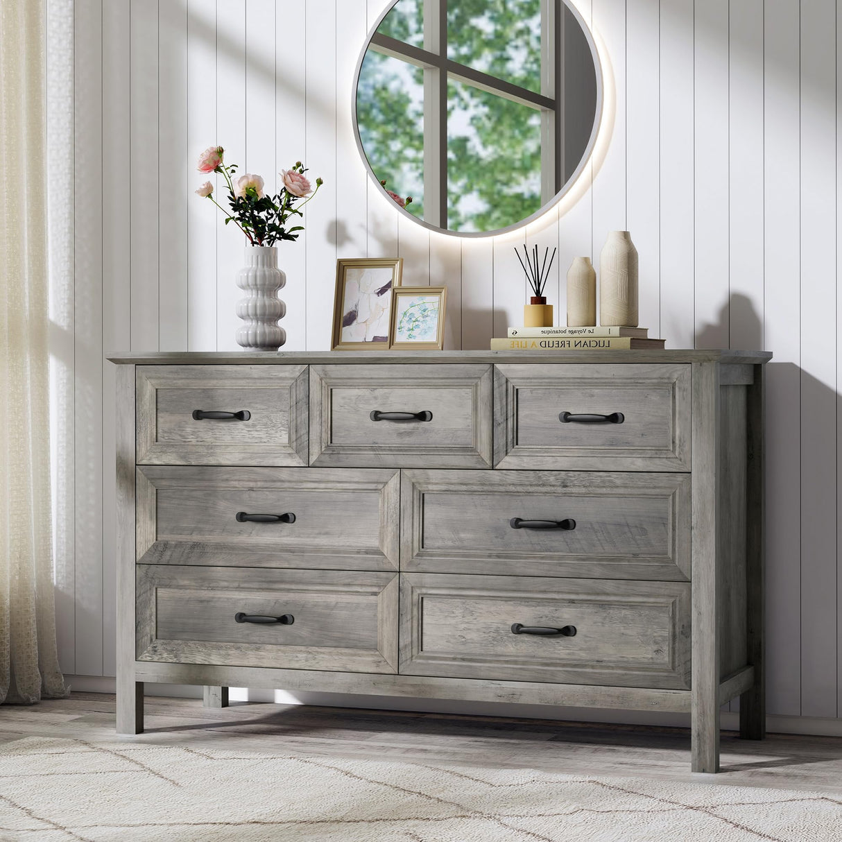 Nasonet Farmhouse 7-Drawer Dresser for Bedroom, 52" Wide Wood Chest of Drawers with Large Metal Handles, Grey Dressers Storage Organizer for Bedroom, Living Room & Hallway Nasonet