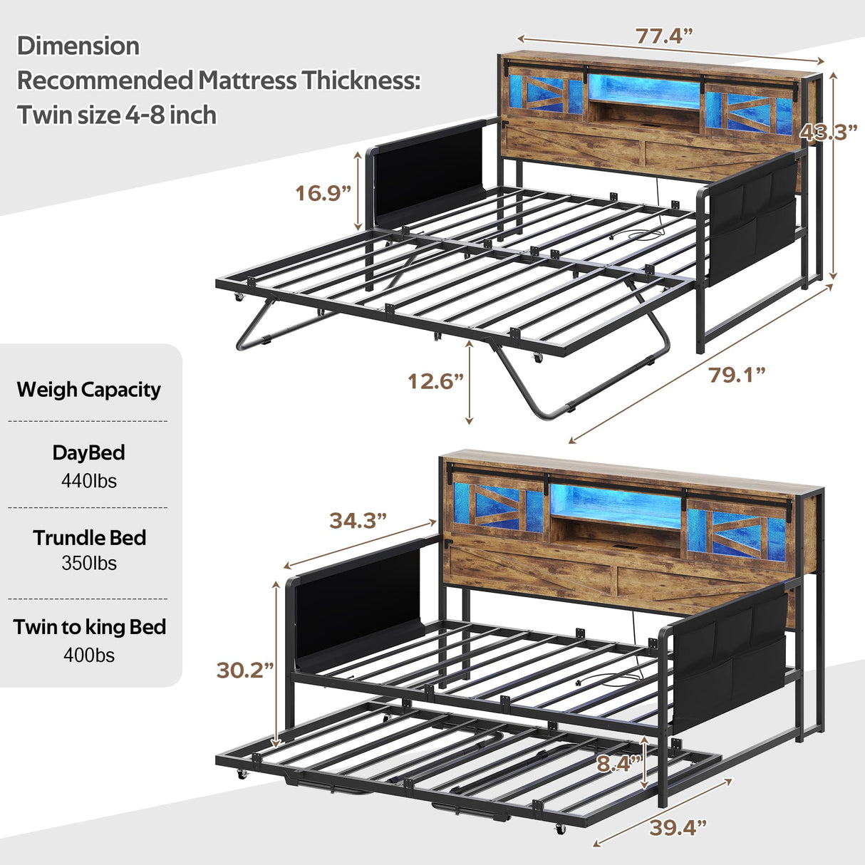 Dnxao Daybed with Pop Up Trundle,Farmhouse Twin to King Daybed with 2-Tier Storage,LED Lights and Charging Station,2 Storage Pockets,Twin Bed Frame for Living Room,Bedroom,Rustic Brown Dnxao