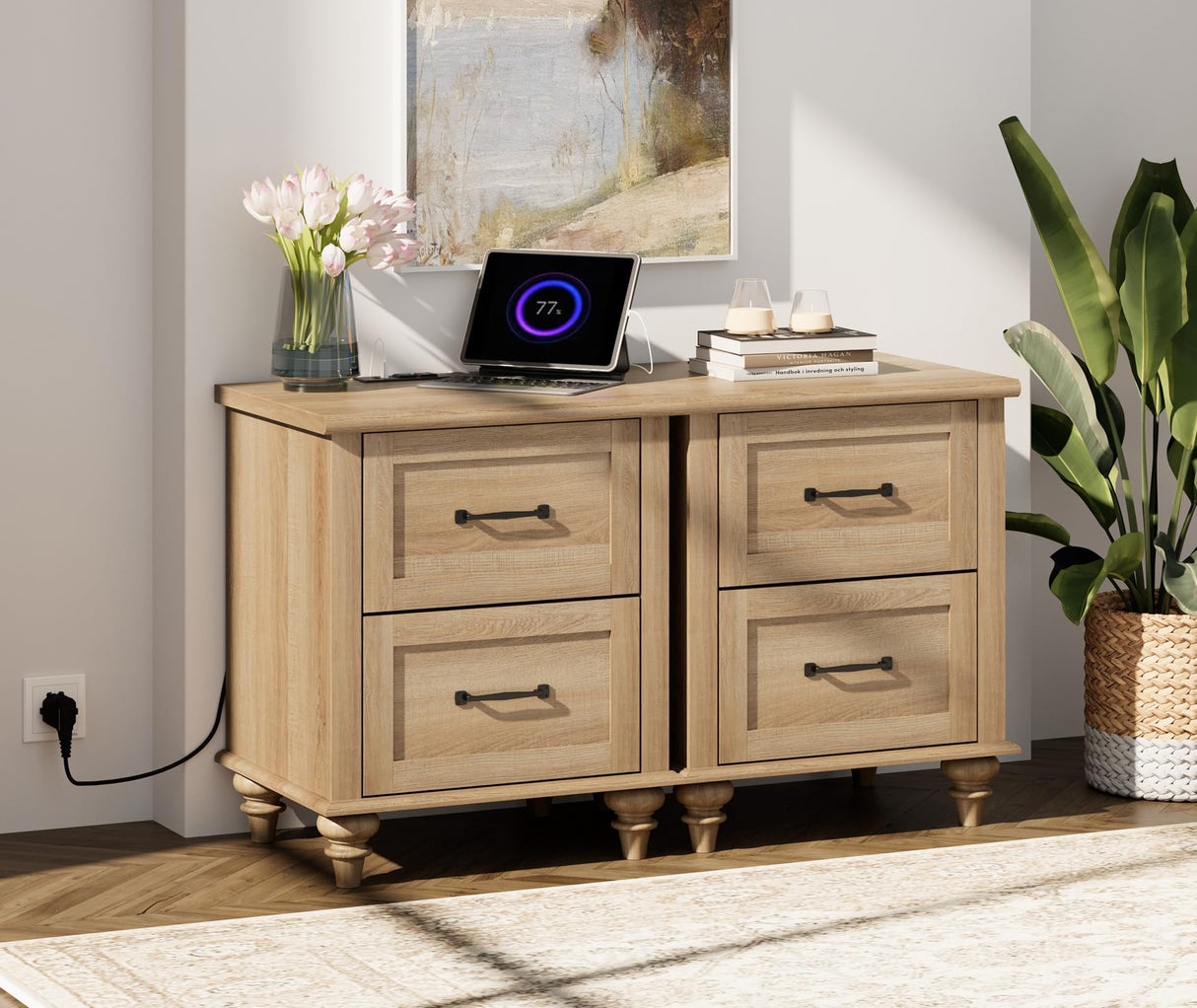 WAMPAT Nightstands Set of 2 Side Table with Charging Station, Light Wood End Tables with 2 Drawers for Living Room, Farmhouse Night Stand Bedside Table for Bedroom, Oak WAMPAT