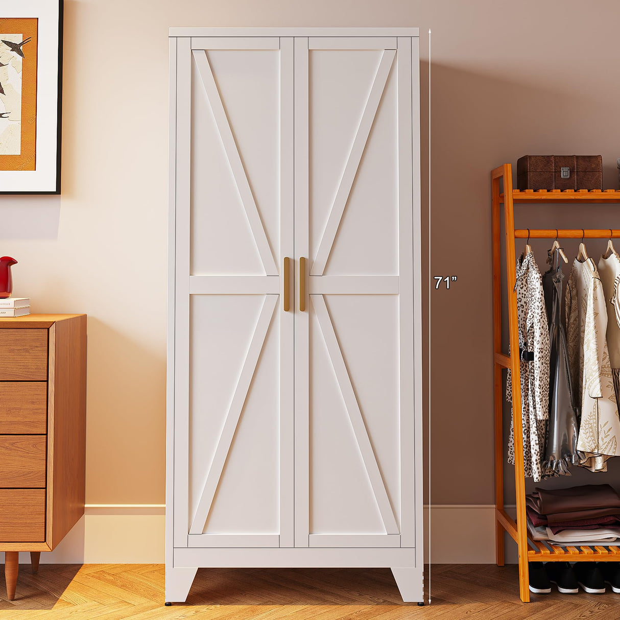 Washsemba 71'' Farmhouse Metal Storage Cabinet with Barn Doors,Steel File Cabinet for Home Office,Kitchen Pantry 4 Adjustable Shelves,Freestanding Cupboard for Kitchen,for Home Office,School (White) Washsemba