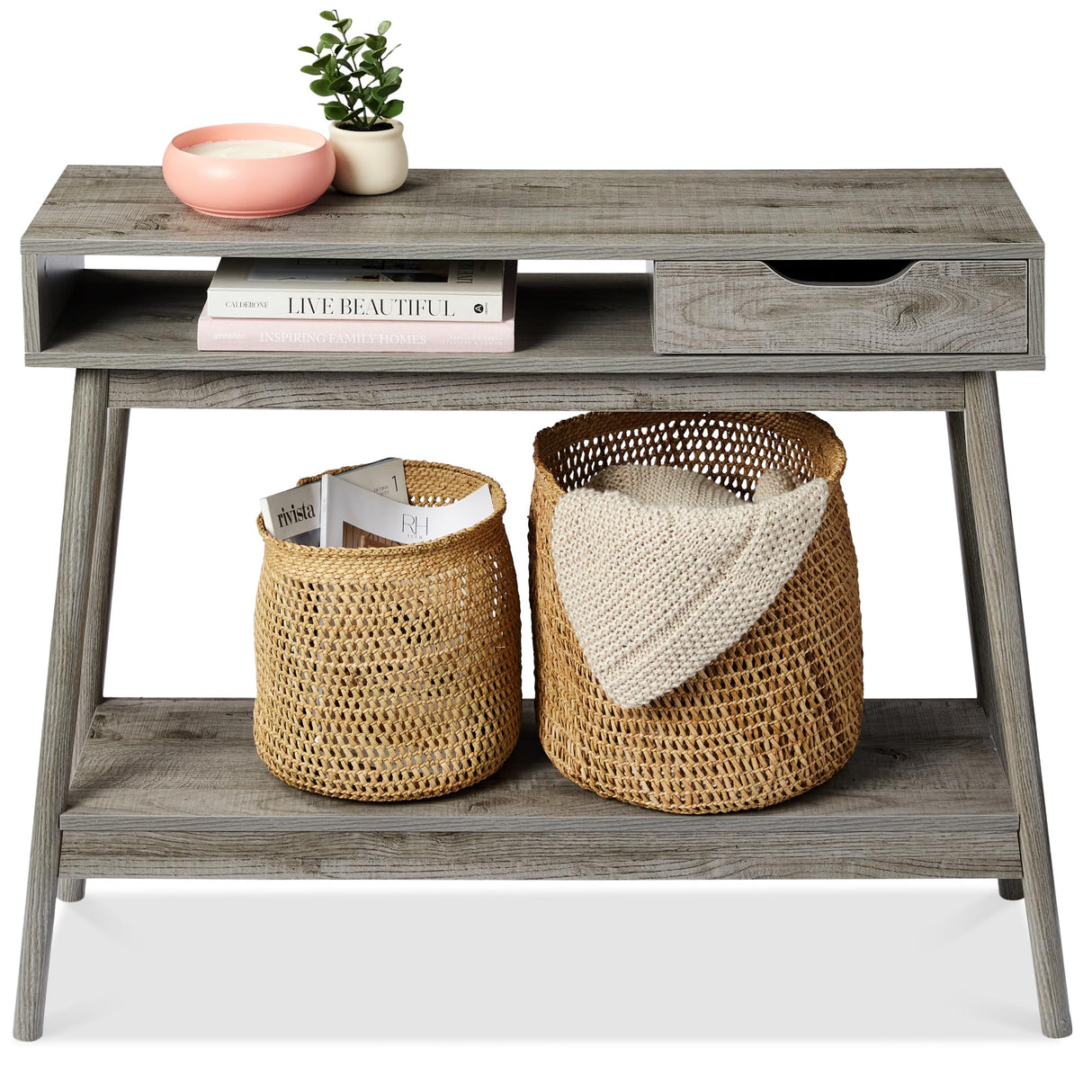 Best Choice Products Mid-Century Modern Console Table, Sofa Table, Accent Furniture for Hallway, Living Room, Entryway Foyer Space-Saving w/Cubby, Drawer, Lower Storage Shelf - Gray Best Choice Products