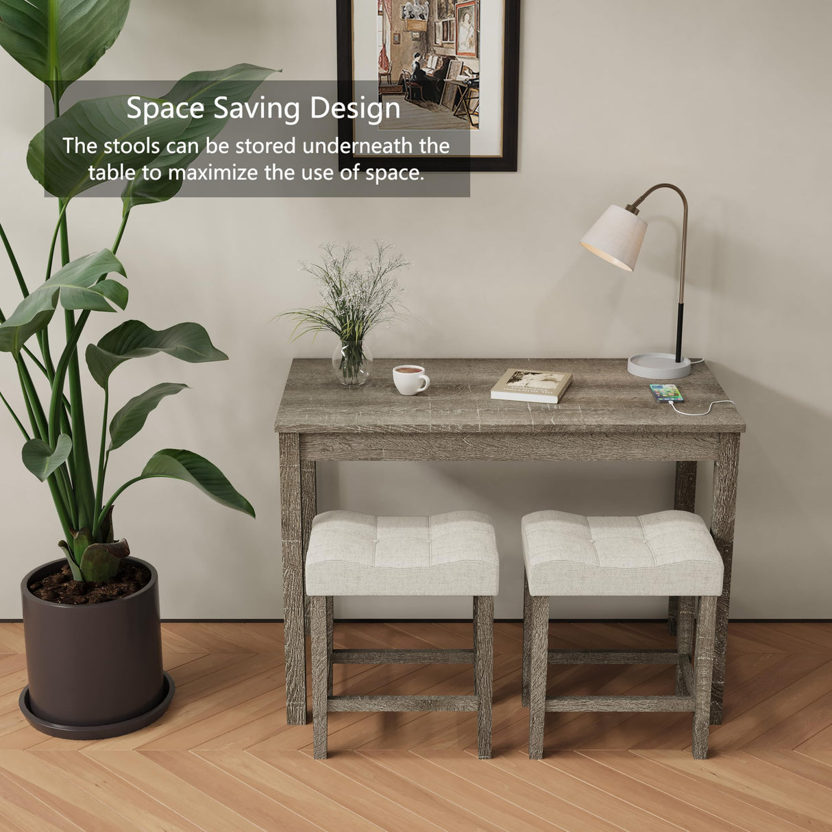 3-Piece Allamazing Natural Counter Height Bar Table Set with USB Ports and 2 Fabric Padded Stools allamazing