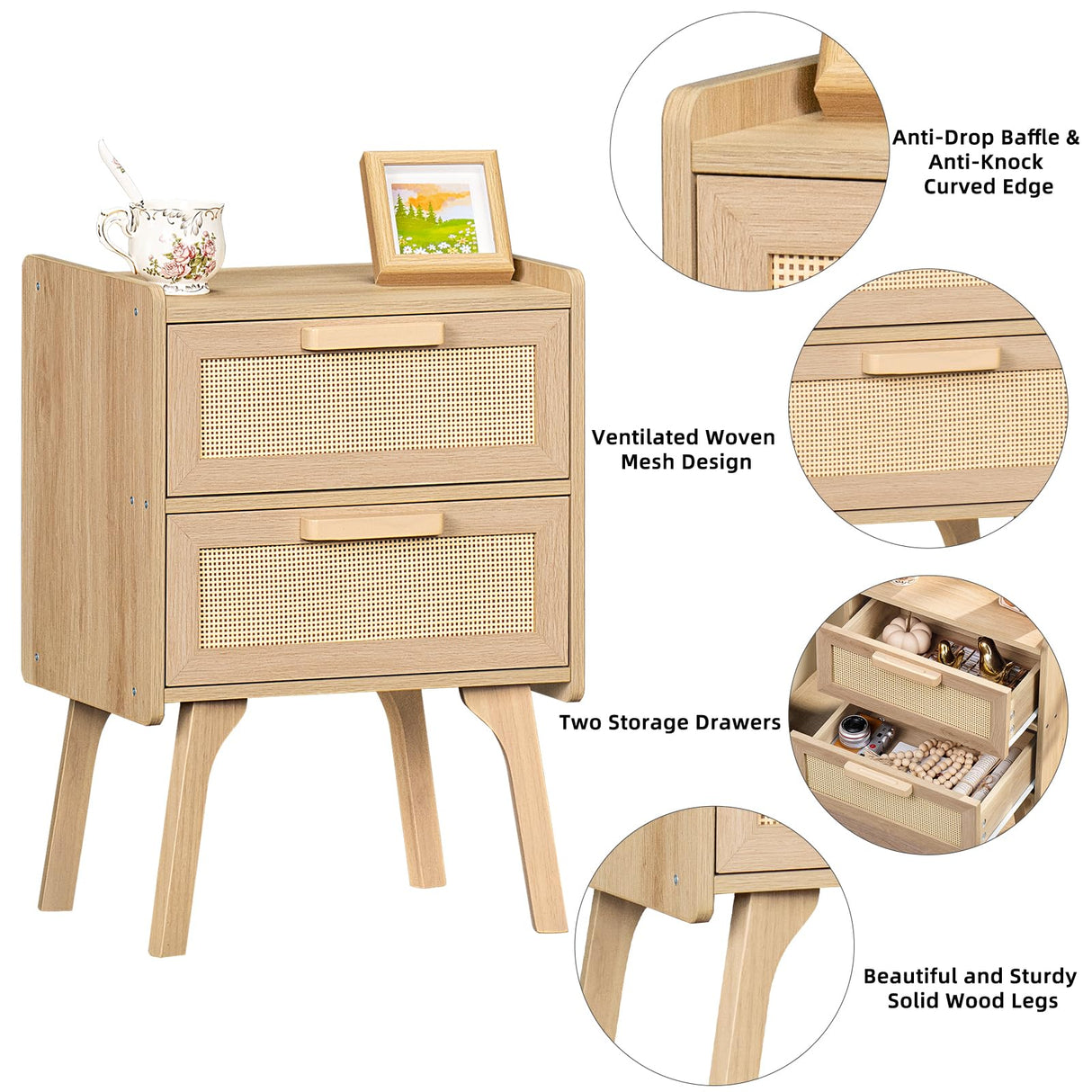 Lerliuo Rattan Nightstands Set of 2, Boho Night Stand with 2 Drawers, Cane Accent Side End Table, Bedside Table with Solid Wood Legs for Bedroom, Dorm and Small Spaces (Natural) Lerliuo
