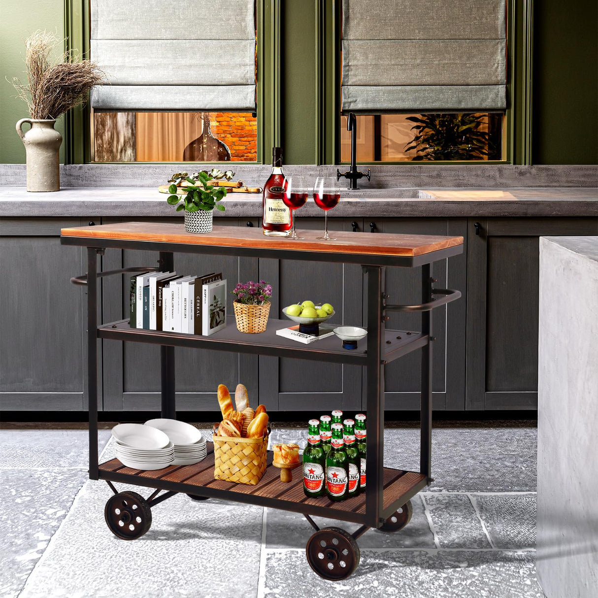 Industrial Bar Cart, Serving Cart with Wheels and Handle, 3-Tier Beverage Metal Cart with Removable Tray and Storage Shelves for Living Room Kitchen, Rustic Copper Topower