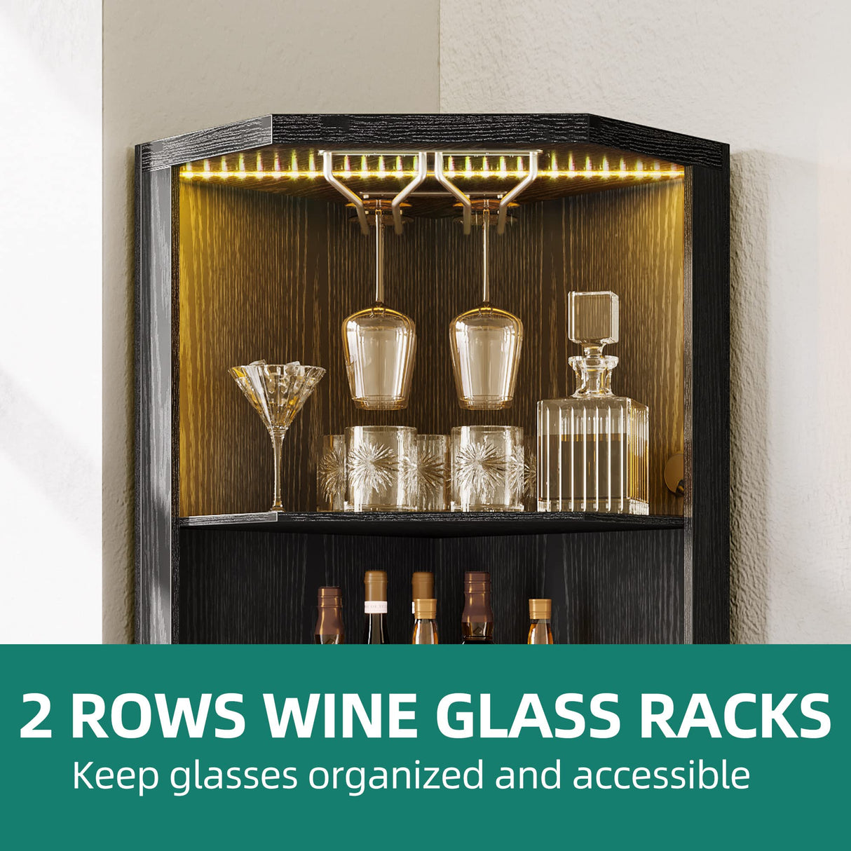 YITAHOME Black Corner Bar Cabinet with LED Lighting, Glass Holder & 5-Tier Storage Shelves YITAHOME