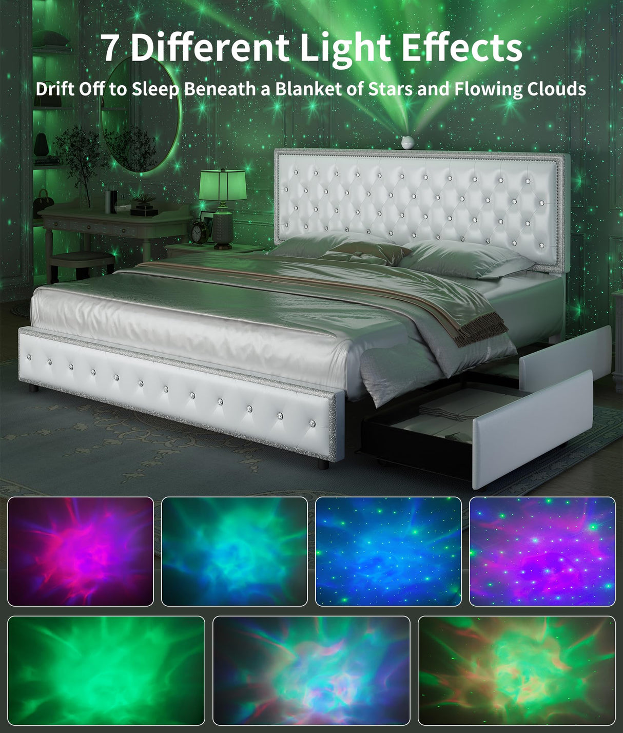 GEGOFORU Queen led Bed Frame with 4 Drawers,Galaxy Projector Adjustable Upholstered Headboard Diamond Bed Frame with Charger Music Speaker, No Box Spring Needed, Wooden Slats Support, PU White GEGOFORU