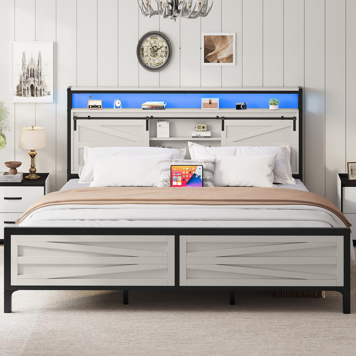 DWVO Farmhouse King Bed Frame with Headboard, Platform Bed with LED Lights and Charging Station, Sliding Barn Door, Solid Metal Slats, No Box Spring Needed (White) DWVO