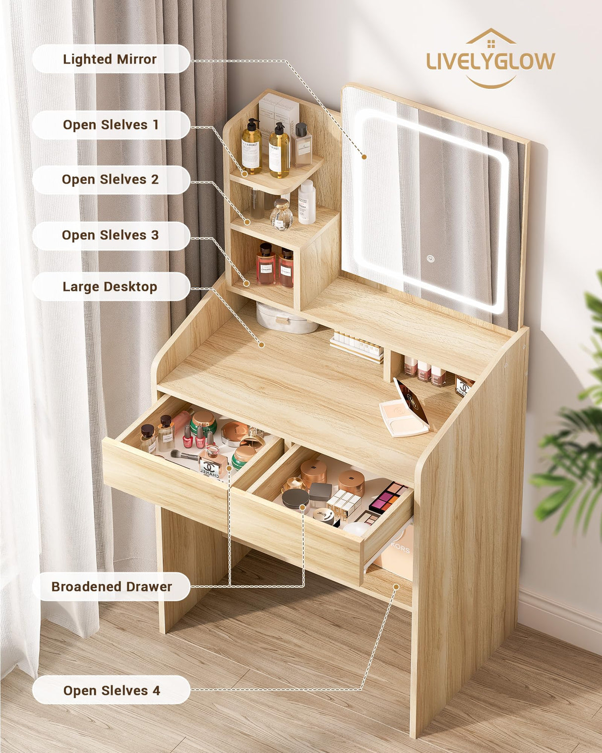 LIVELYGLOW Small Vanity Desk Set with Square Mirror and Light- Vanity Desk with Drawers- Wood LIVELYGLOW