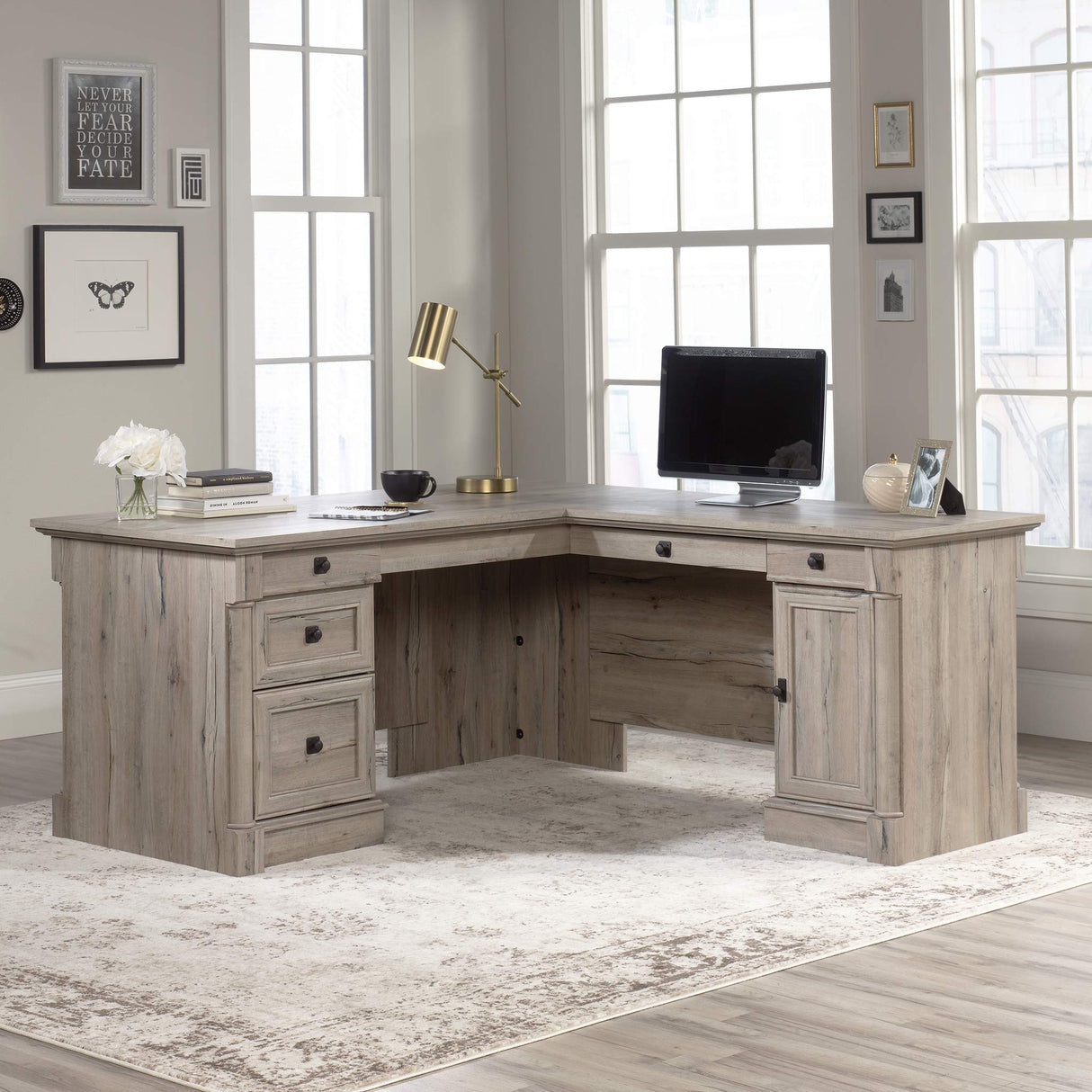 Sauder Palladia L-Shaped Desk, L: 68.74" x W: 65.12" x H: 29.61", Split Oak finish Sauder