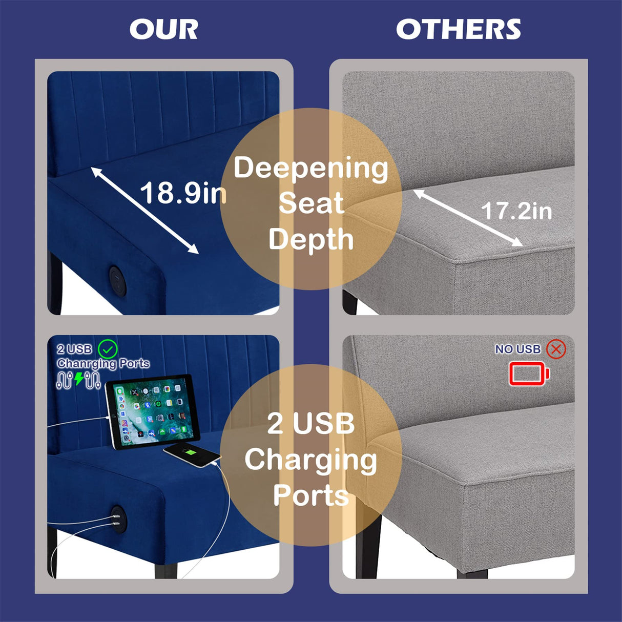 STHOUYN Mini Comfy Couch Armless Loveseat Sofa with USB Port, Velvet Couches for Small Spaces Living Room, Apartment Office Dorm (Navy Blue) STHOUYN