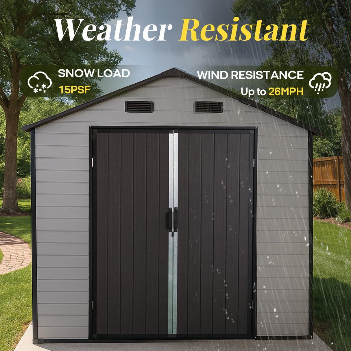 FammyLoft 8x14 FT Resin Storage Sheds Outdoor with Floor Included, Plastic Sheds & Outdoor Storage Clearance with 2 Windows and Lockable Door, Backyard Storage Sheds for Garden Tools, Brown+White FammyLoft