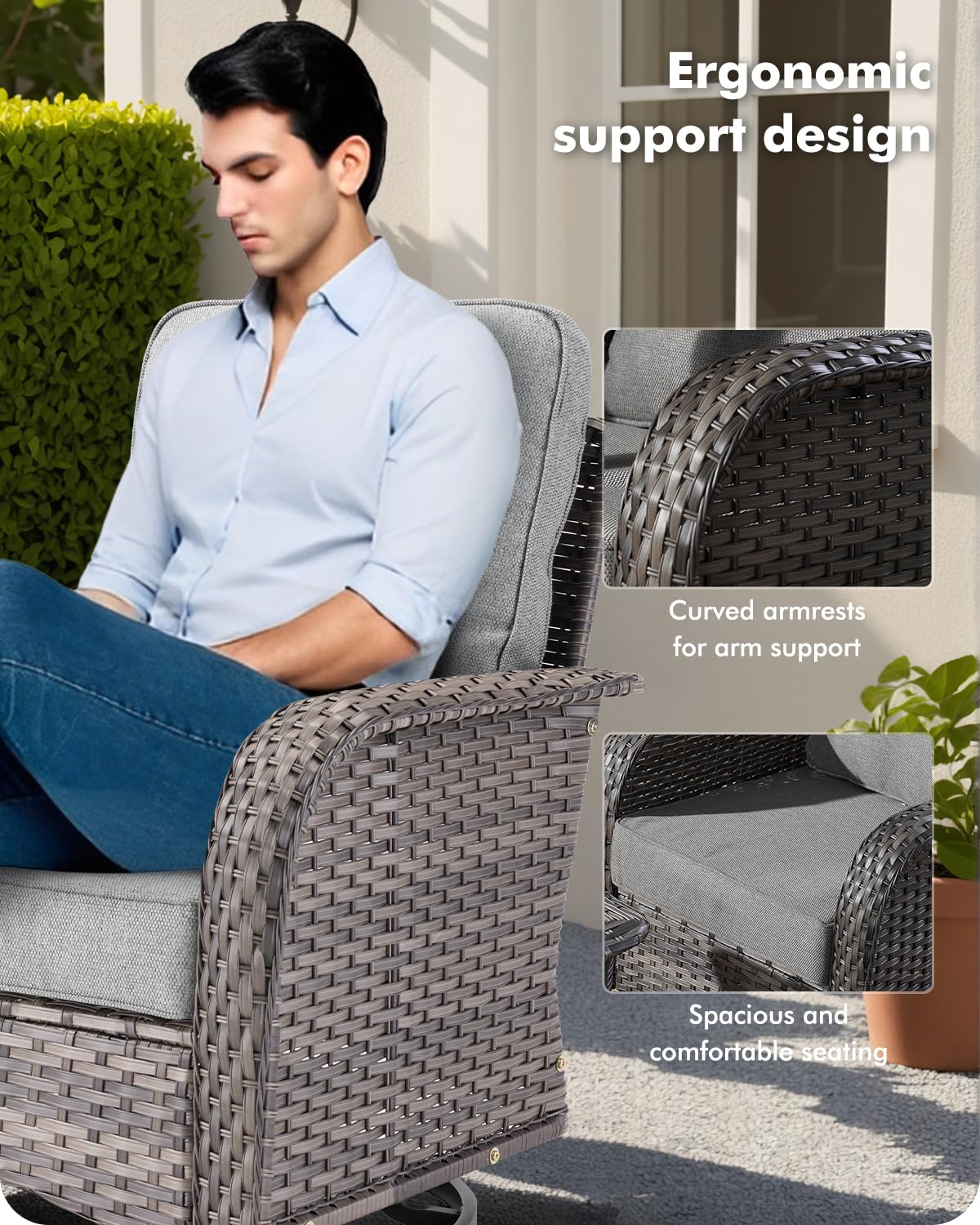 CAODOC 3-Piece Swivel Rocking Rattan Chair Outdoor, Patio Bistro Furniture Conversation Set, Wicker Chair with Coffee Table Dark Gray CAODOC