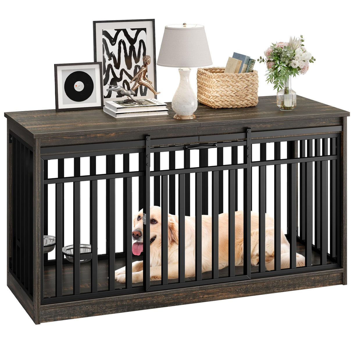 DWVO 55" Extra Large Dog Crate Furniture, Heavy Duty Metal Dog Kennel TV Stand with Sliding Door, Wooden Dog Cage Table with Dog Bowl for Extra Large Medium Dogs or 2 Small Dogs Black Oak DWVO