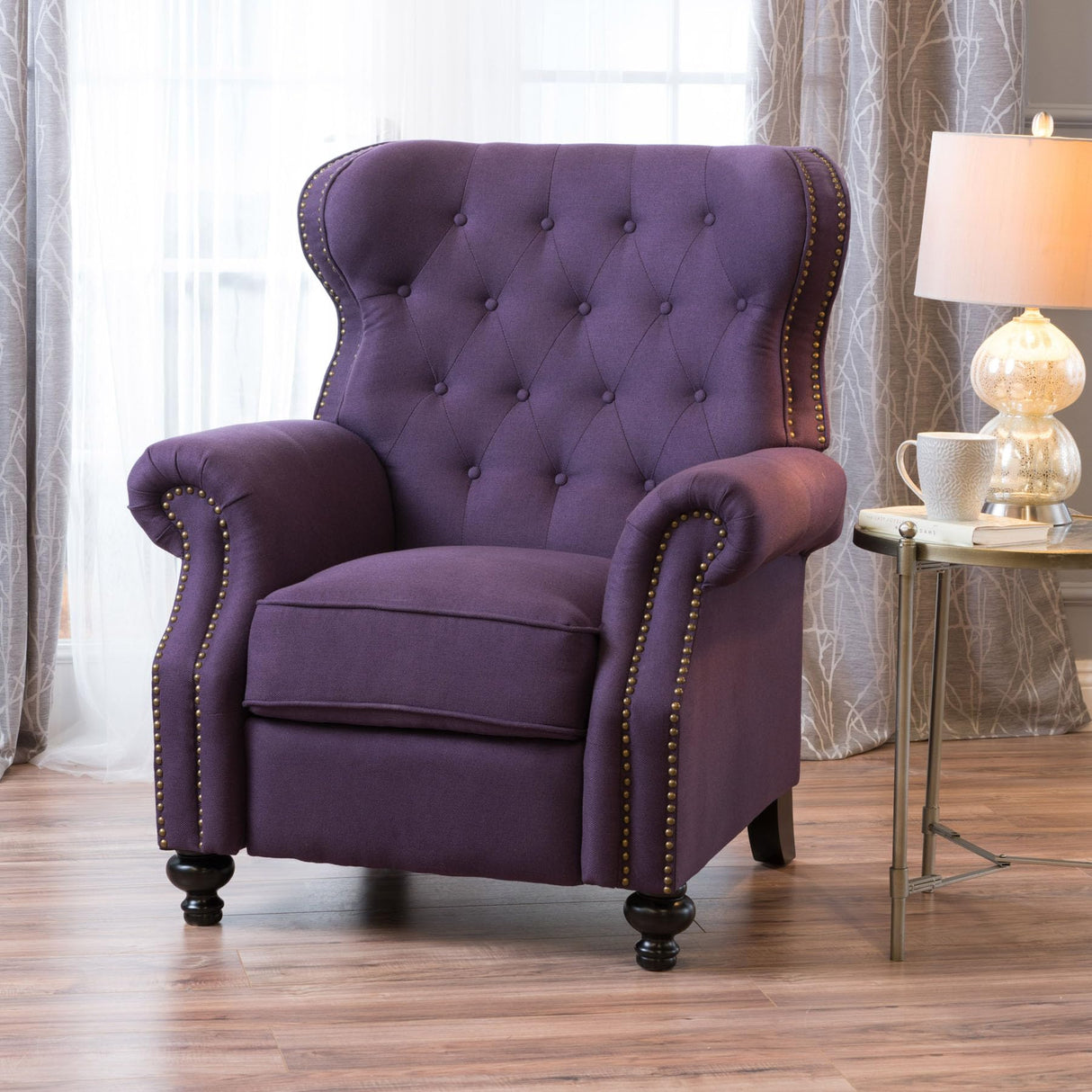 Pushback Recliner Chair, Fabric Armchair Push Back Recliner with Rivet Decoration, Mid Century Wingback Accent Chair for Living Room, Bedroom, Stable Hump Feet (Purple) anwickjeff