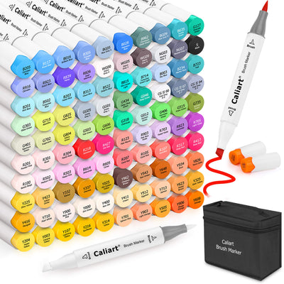 Caliart 101 Colors Brush & Chisel Alcohol Markers for Adult Coloring Book, Dual Tip Artist Sketch Art Markers, Aesthetic Cute Preppy Stuff School Supplies, Pens for Lettering Drawing Cards Planner