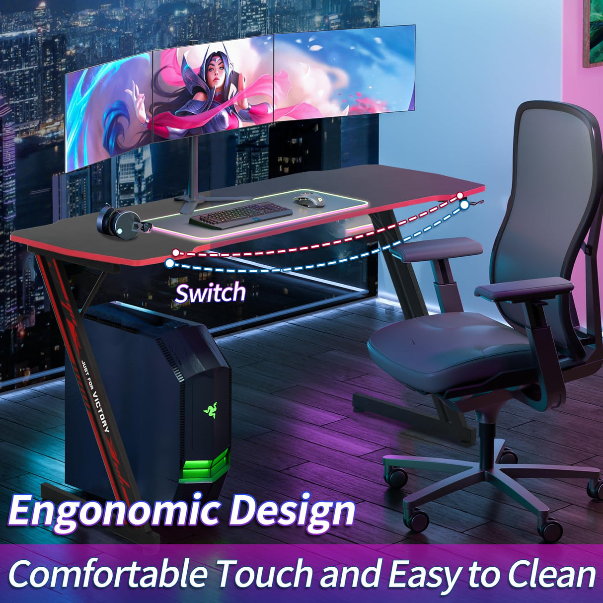 XXkseh 39 Inch Gaming Desk Z-Shaped Computer Gaming Workstation with Headset Hook Home Office Desk, Ergonomic Small Gaming Table and Small Desk with Footbed, MDF Desktop and Metal Frame, Red XXkseh