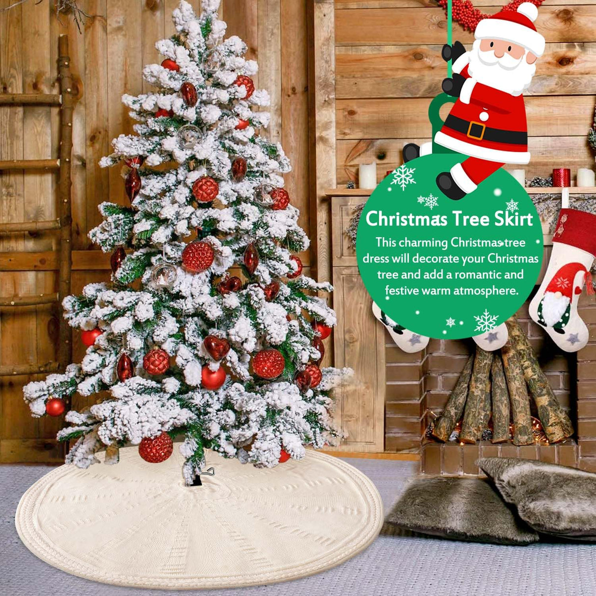 EIMMBD Christmas Tree Skirt, 48 inches Cable Knit Knitted Thick Rustic Christmas Tree Decoration for Xmas Indoor Home Holiday (Cream) EIMMBD