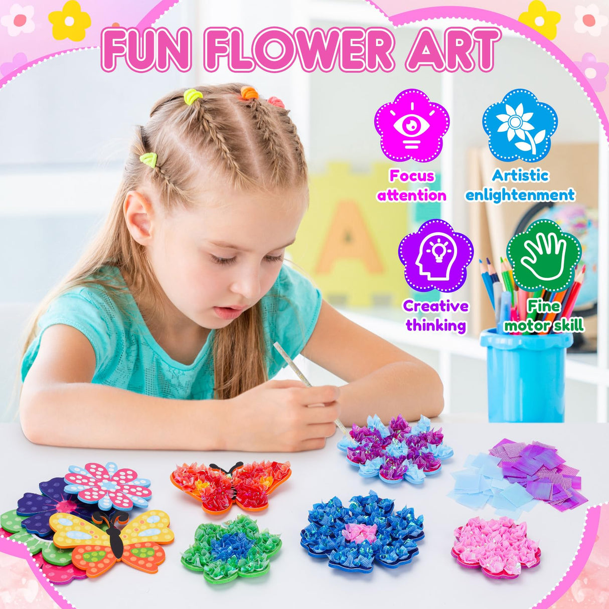 Poke in Fun Art Flower Craft Kits for Kids, Gifts for 6 7 8 9 10 Year Old Girls Art Supplies Activity,Creative Educational Toys for Girls & Boys Age 5-12,Birthday Gifts,Party Favours & Home Décor MUNDIDO