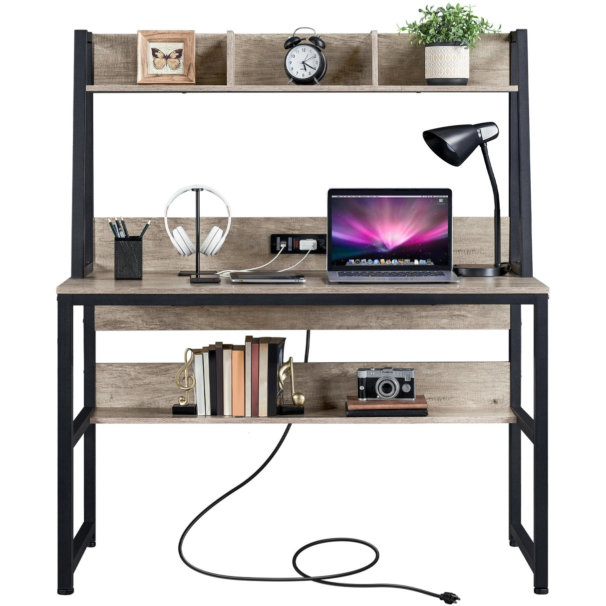 Topeakmart Industrial Home Office Table Computer Writing Desk with Power Outlet and Bookshelves, 47 Inch PC Laptop Table with Hutch Storage Shelves and 2 USB Ports for Home Office, Gray Topeakmart