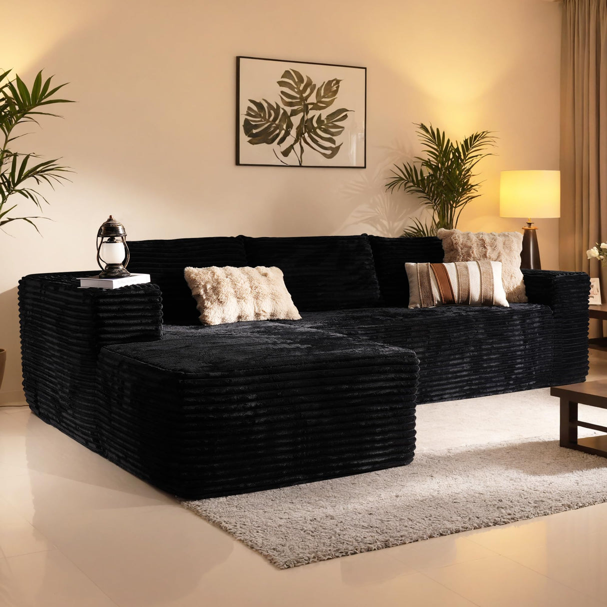 106" Cloud Sectional Couch with Chaise Longue,L Shaped Modular Modern Sofa,Comfy Corduroy Fluffy Couch with Deep Seat,No Assembly Required Couch for Living Room(Left,Plush Corduroy,Black) weaxty W