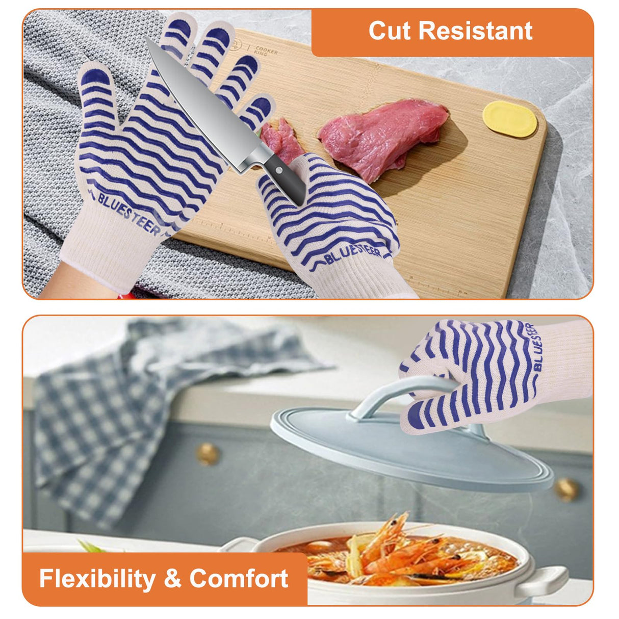 Oven Gloves, 932°F Heat Resistant Gloves, Oven Mitts with Fingers, Grill Gloves Heat Proof for Men Women, BBQ Gloves Silicone Grip, BLUESTEER Fireproof Gloves for Kitchen Cooking, Grilling, Baking BLUESTEER