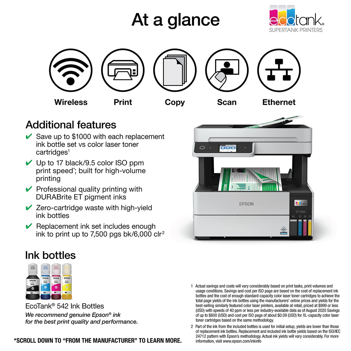 Epson EcoTank Pro ET-5150 Wireless Color All-in-One Supertank Printer with Scanner, Copier, Plus Auto Document Feeder, Large, White Epson
