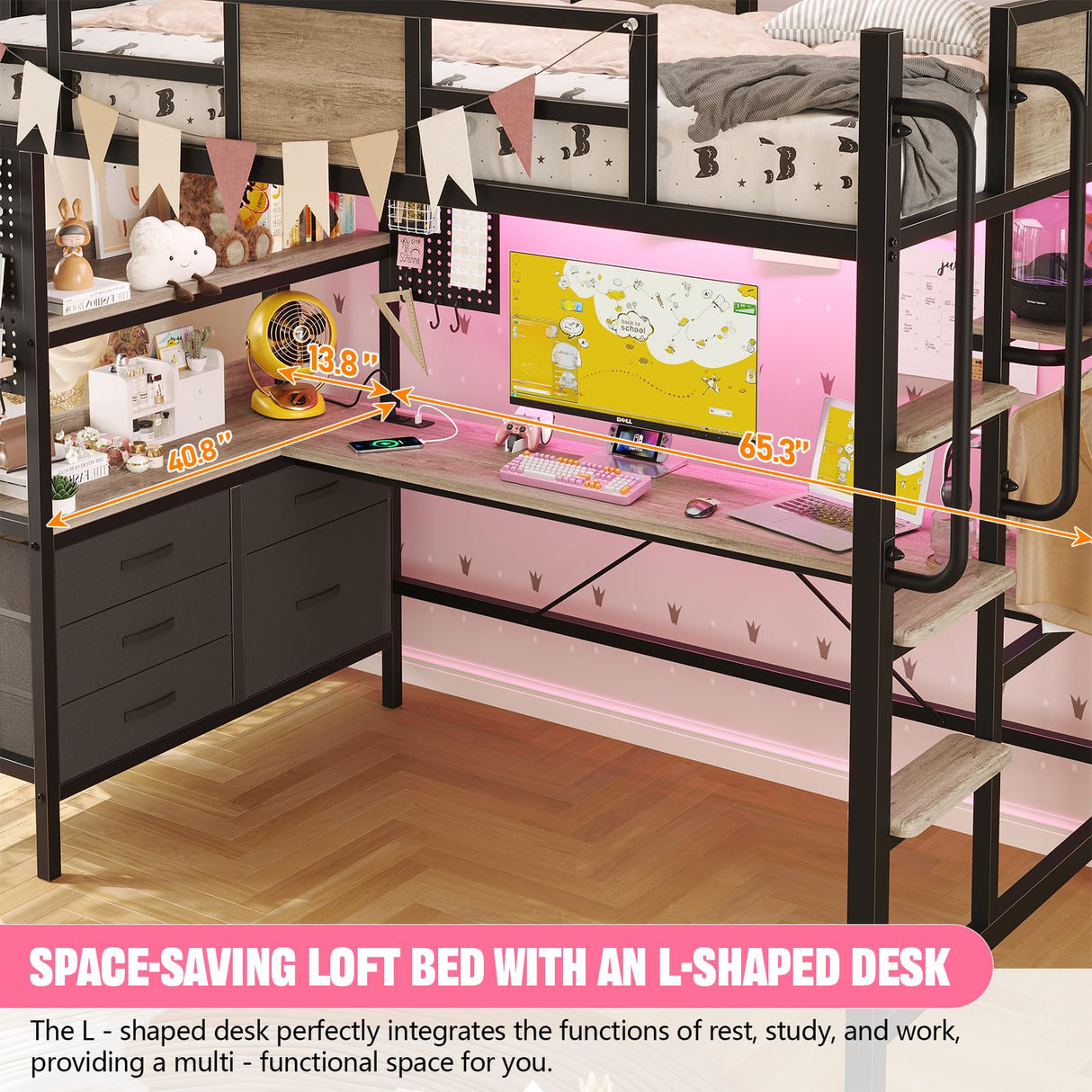 BYSAUD Loft Bed Twin Size with L Shaped Desk and Storage, Metal Bunk Loft Bed Frames with Desk Underneath and LED Lights and Charging Station 5 Drawer 2 Pegboards Clothes Rack, Noise Free, Gray BYSAUD