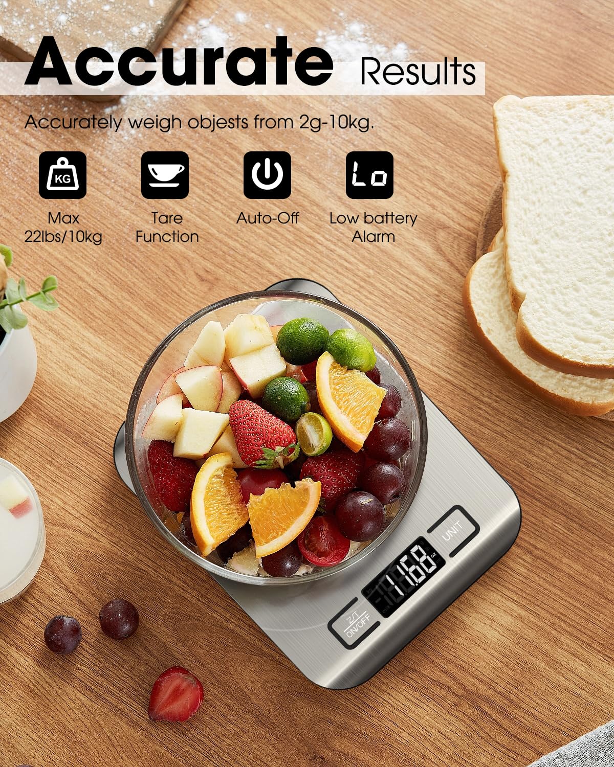 Mik-Nana Food Scale, 22lb Digital Kitchen Scale Weight Grams and Ounces for Baking Cooking Coffee Package Postage, 6 Units with Tare Function, LCD Display, Easy Clean Stainless Steel (Silver) Mik-Nana