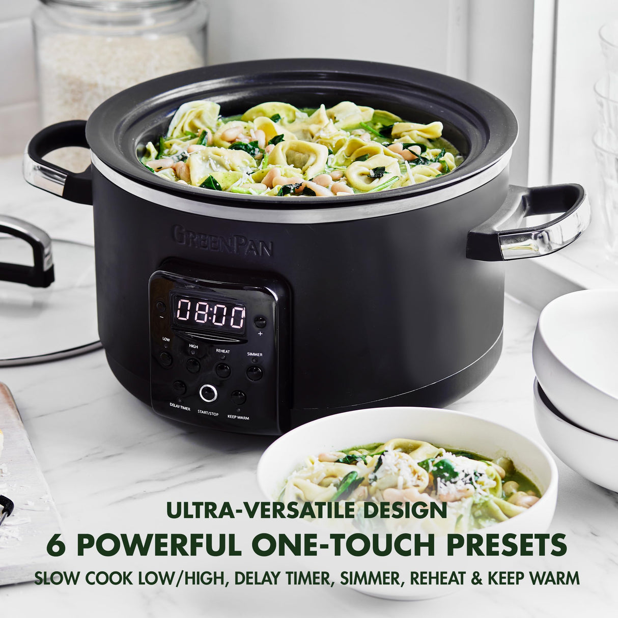 GreenPan 6-in-1 4QT Electric Ceramic Slow Cooker with Glass Lid, Multifunction Presets, Hard Anodized PFAS-Free Removeable Nonstick Crock, Dishwasher Safe, Auto Warm, Delay Timer, Stews, Reheat, Black GreenPan