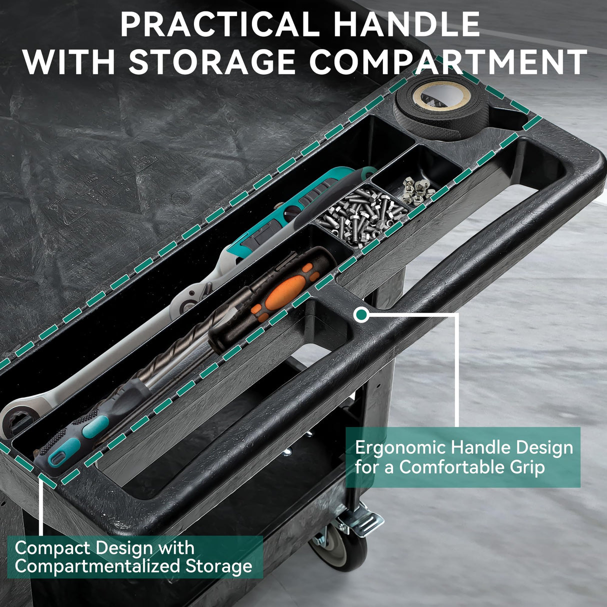 YITAHOME Utility Cart on Wheels, 550 lbs Capacity, 45 x 25 Inch Rolling Work Carts with Wheels, 2 Shelf Heavy Duty Plastic Service Cart Suitable for Warehouse, Garage, School & Office, Cleaning, Black YITAHOME