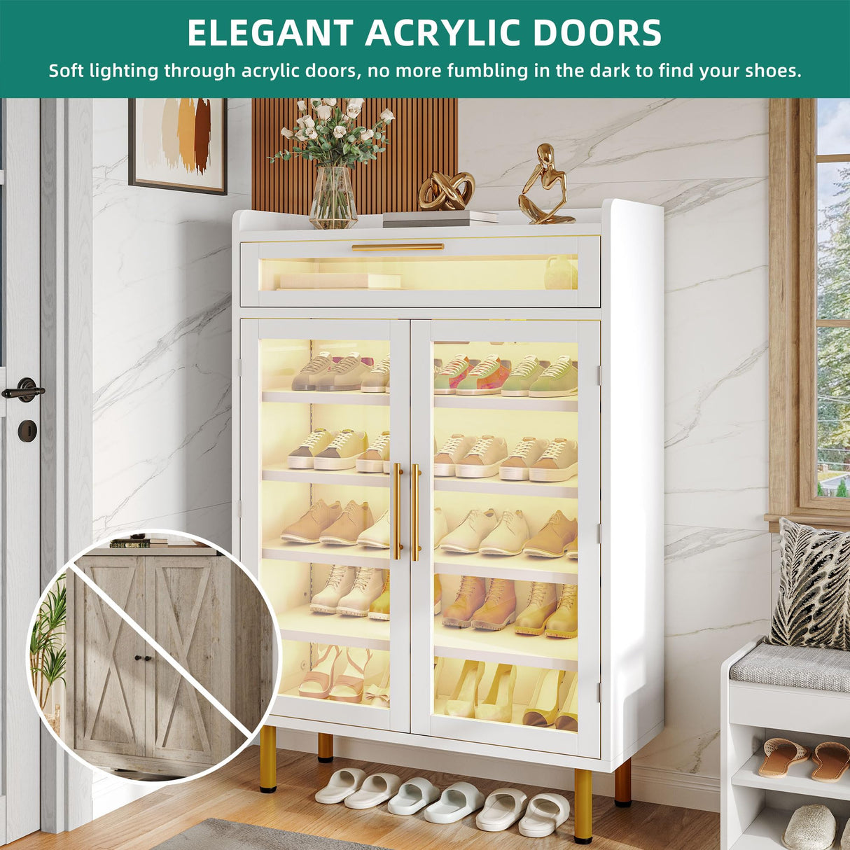 YITAHOME Shoe Cabinet Entryway, Modern Shoe Storage Wooden with Drawer and LED Lights, Freestanding Shoe Organizer Narrow Farmhouse Shoe Cabinet for Living Room, White-LED YITAHOME