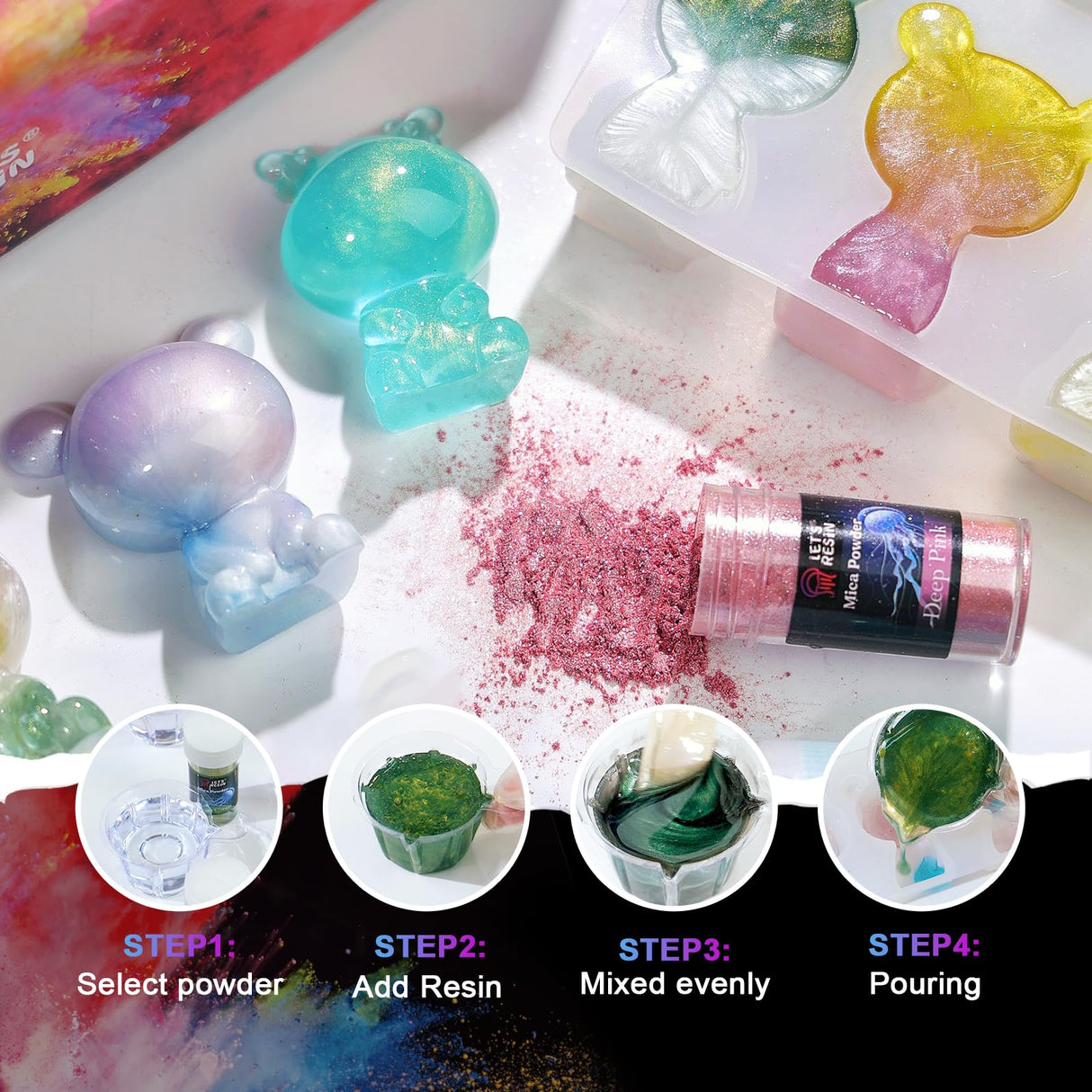 LET'S RESIN 60 Colors Mica Powder,Natural Pearlescent Pigment Powder for Epoxy Resin/UV Resin for Candle Making, Color Pigment Dye, Painting, Bath Bombs, Art Crafts LET'S RESIN
