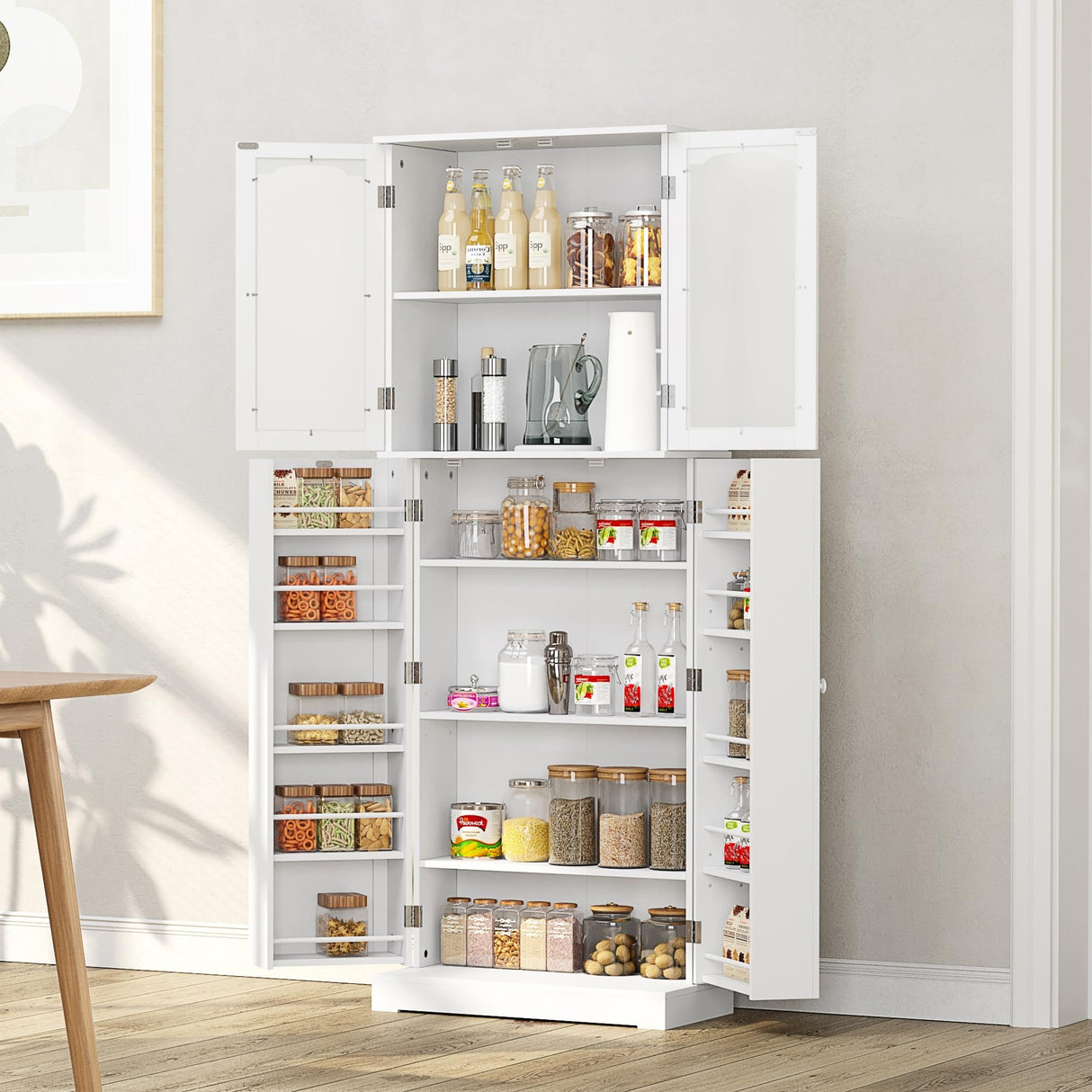 HOME BI 64" Kitchen Pantry Cabinet, Tall Freestanding Pantry with Glass Doors,Wooden Food Pantry Storage Cabinet for Home Kitchen, Dining Room, Living Room, White HOME BI