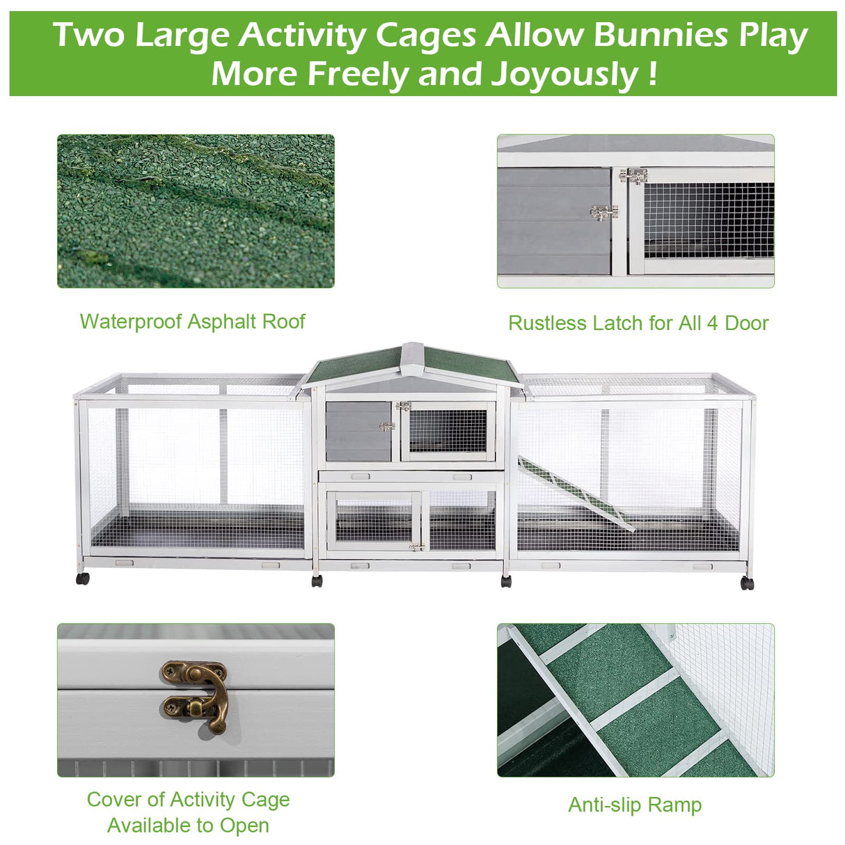 Esright 94.5'' Rabbit Hutch with 8 Wheels, Bunny Cage Two Run Rabbit Cage Outdoor Wooden Bunny Hutch Small Animal House with Removable Tray & Anti-Slip Ramp Esright