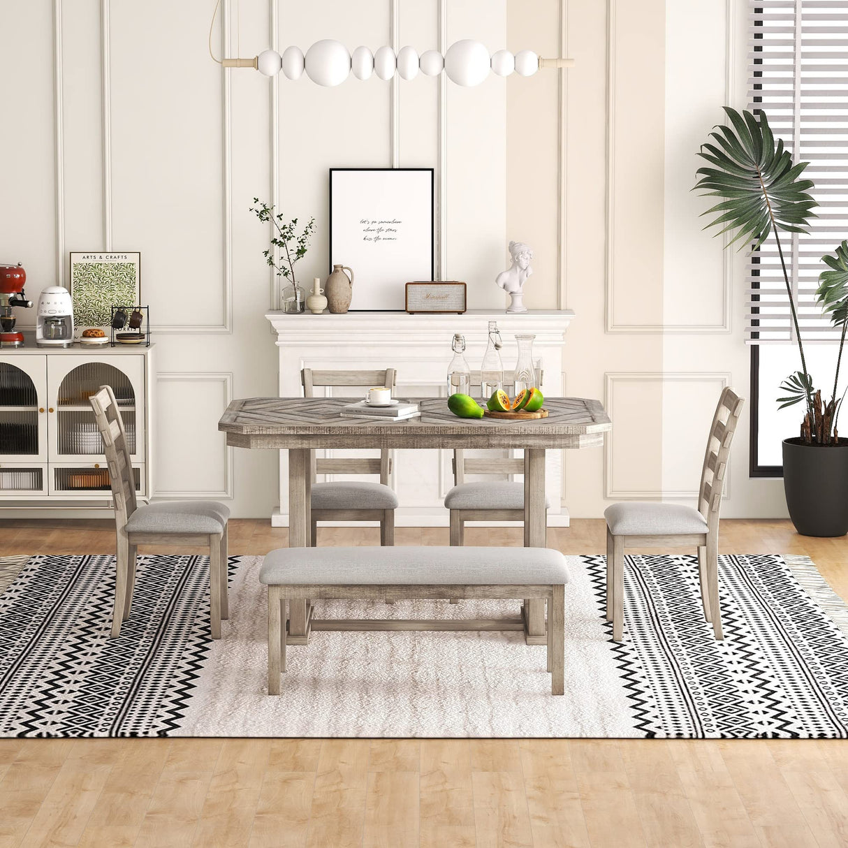 Bellemave Dining Table Set for 6, Rectangular Dining Table with Upholstered Chairs and Bench, 6-Piece Table Set for Dining Room and Kitchen, Retro Dining Room Table Set with Bench, 4 Chairs Bellemave